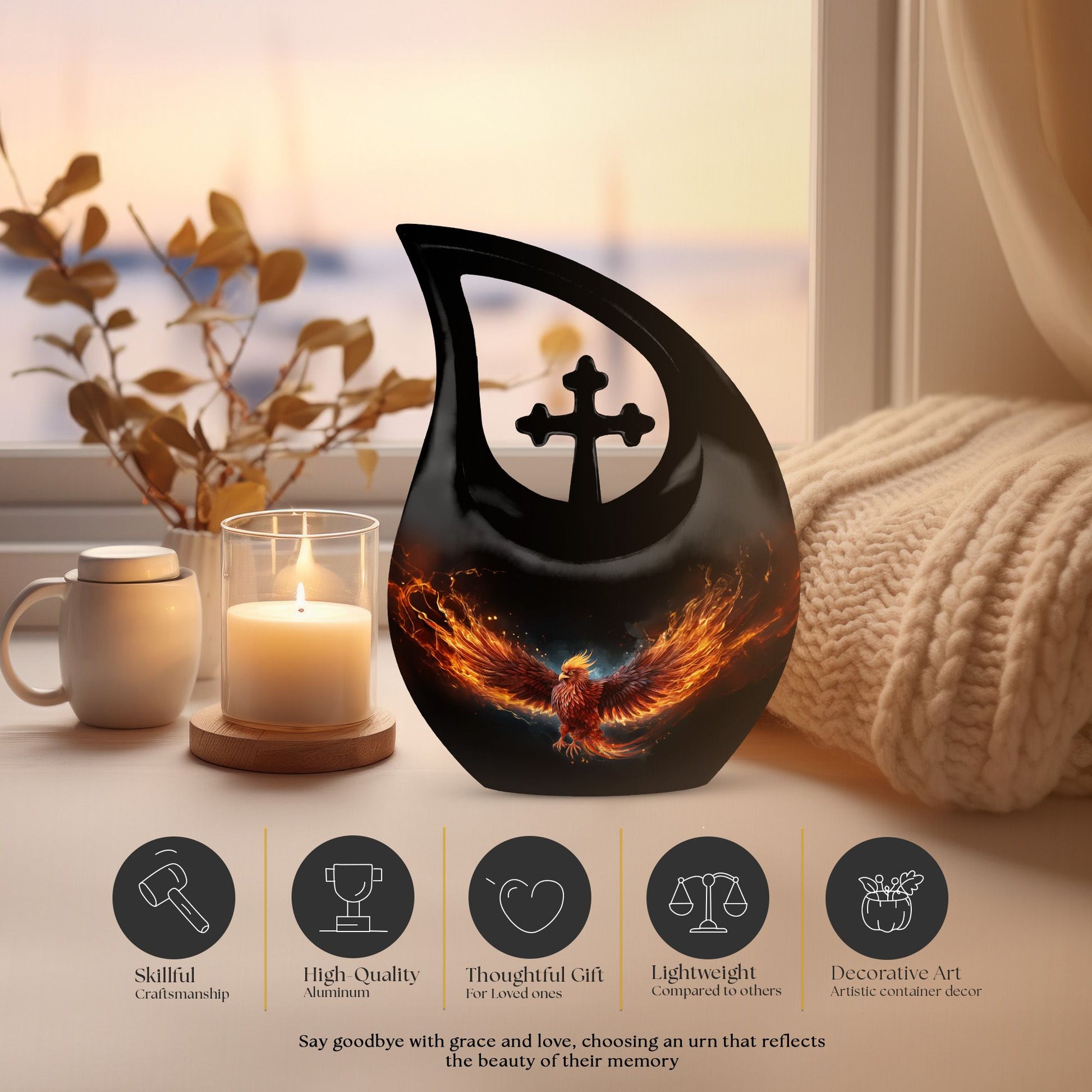 10-inch Phoenix Urn Box For Ashes with Cross Drop design