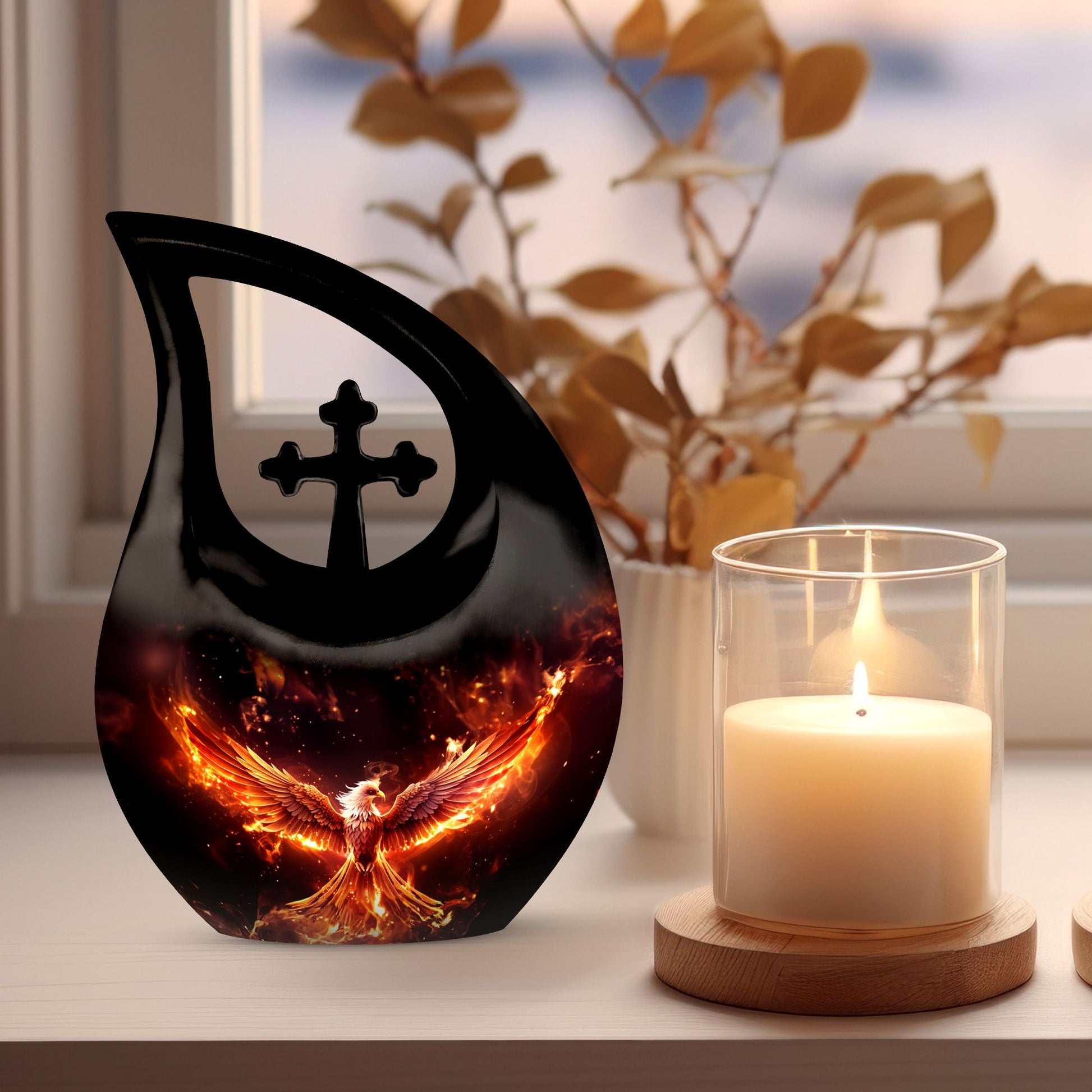 10 inch Phoenix Cremation Urn, Cross Drop design with 