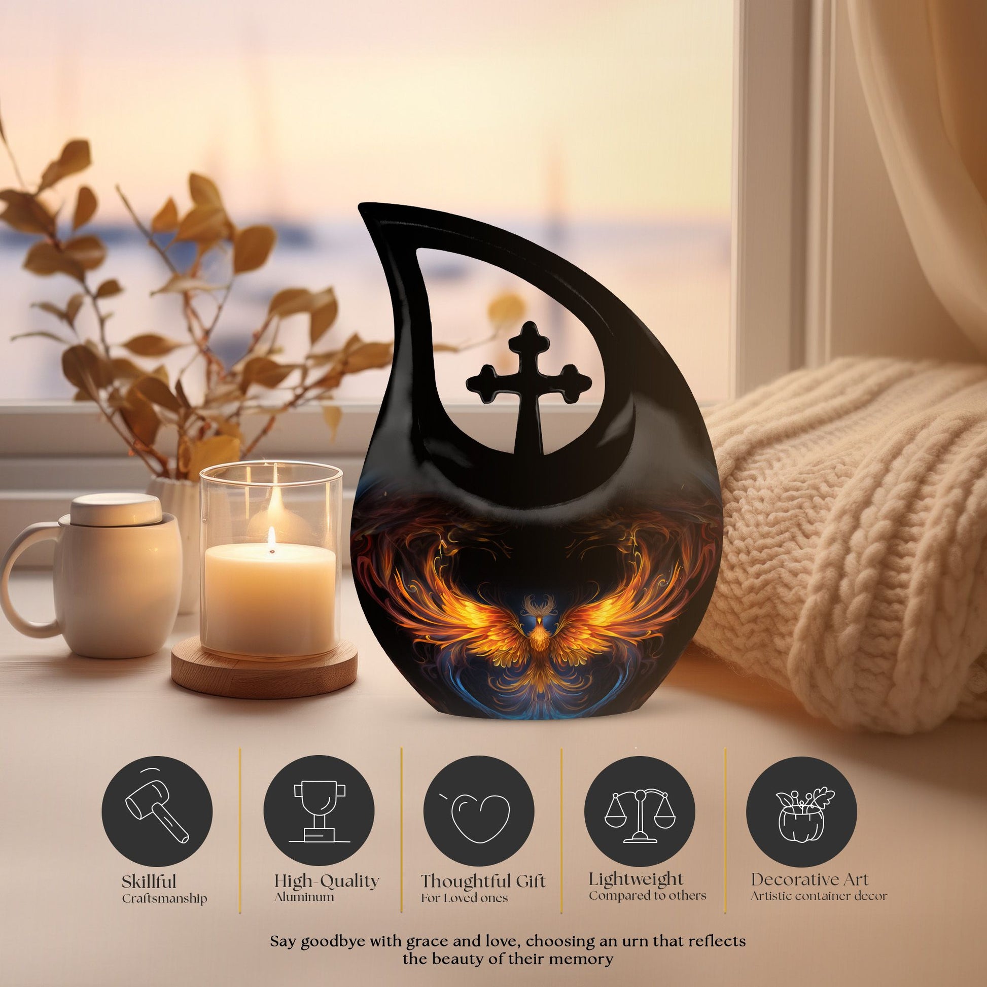 Phoenix Urn - 10-inch Cross Drop design, Memorial Urn 