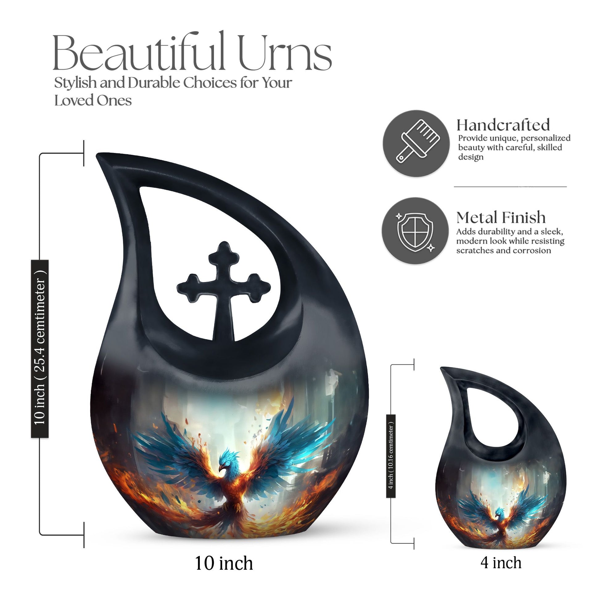 Phoenix themed Cross Drop design 10-Inch Custom Cremation 