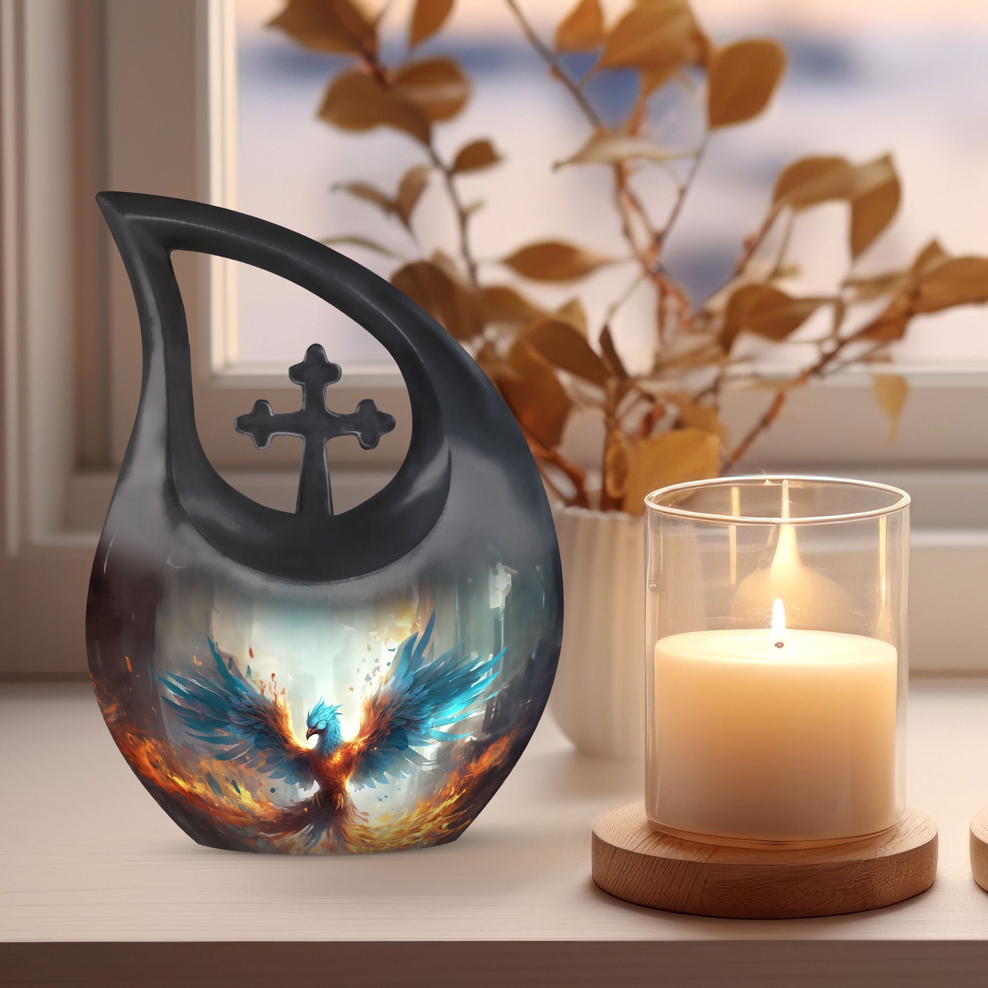 Phoenix themed Cross Drop design 10-Inch Custom Cremation 