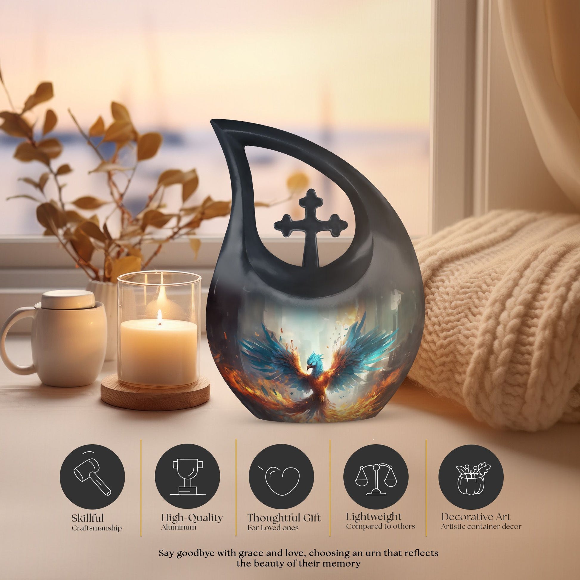 Phoenix themed Cross Drop design 10-Inch Custom Cremation 