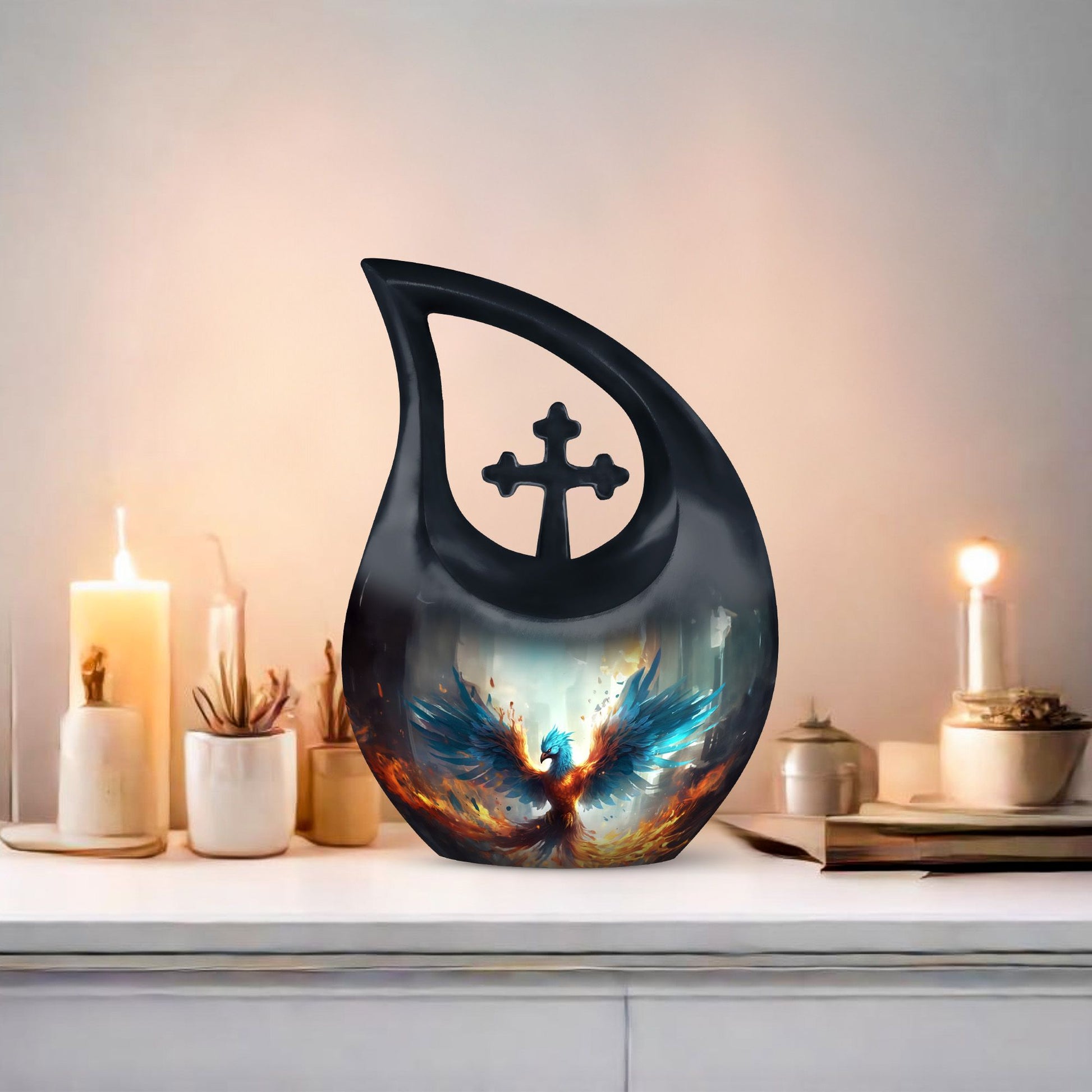 Phoenix themed Cross Drop design 10-Inch Custom Cremation 