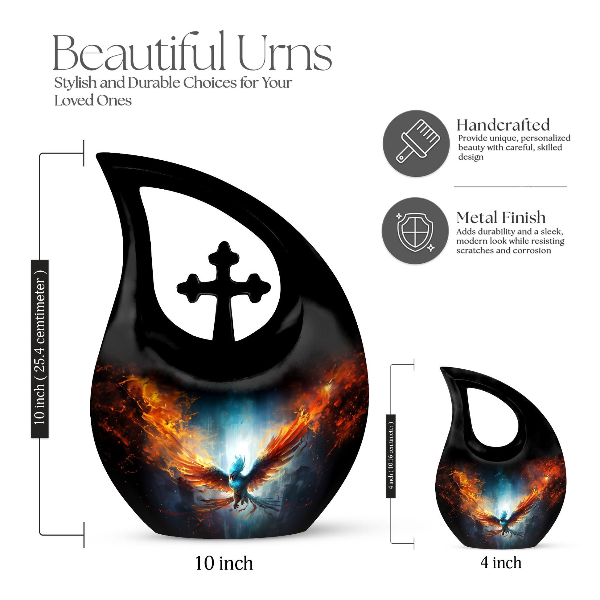 10 inch Phoenix Urn with Cross Drop design, 