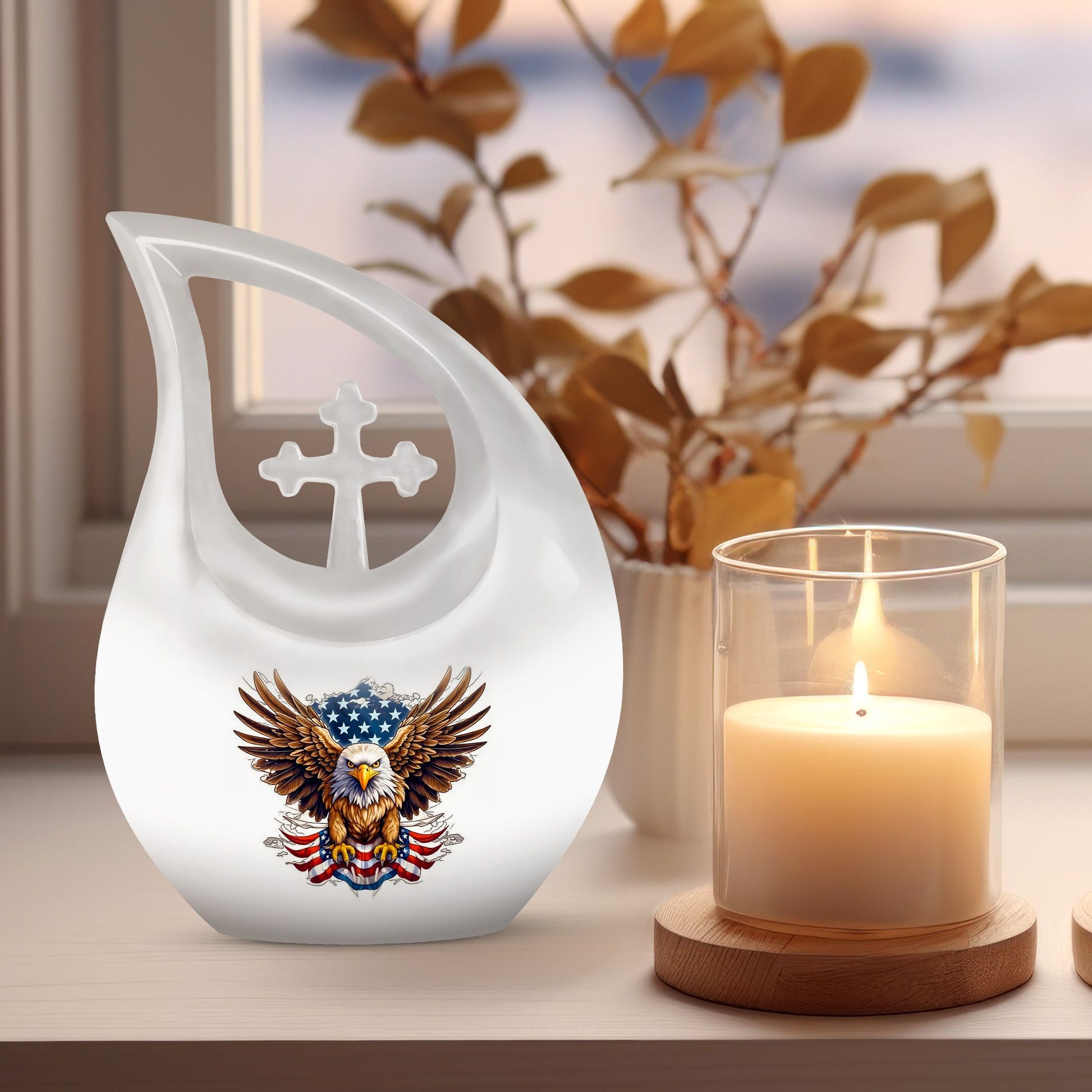 10 Inch Eagle Themed Cross Drop Bird Urn, 