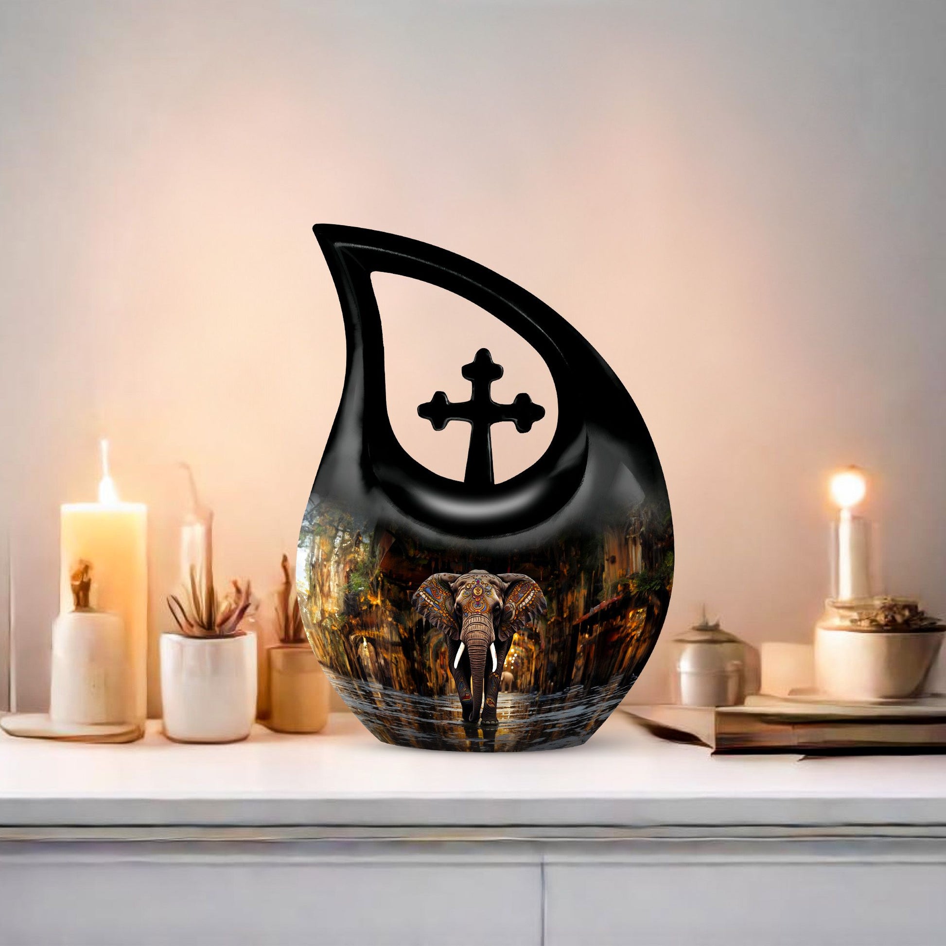 10-inch Elephant-themed Cross Drop design Custom Urn 