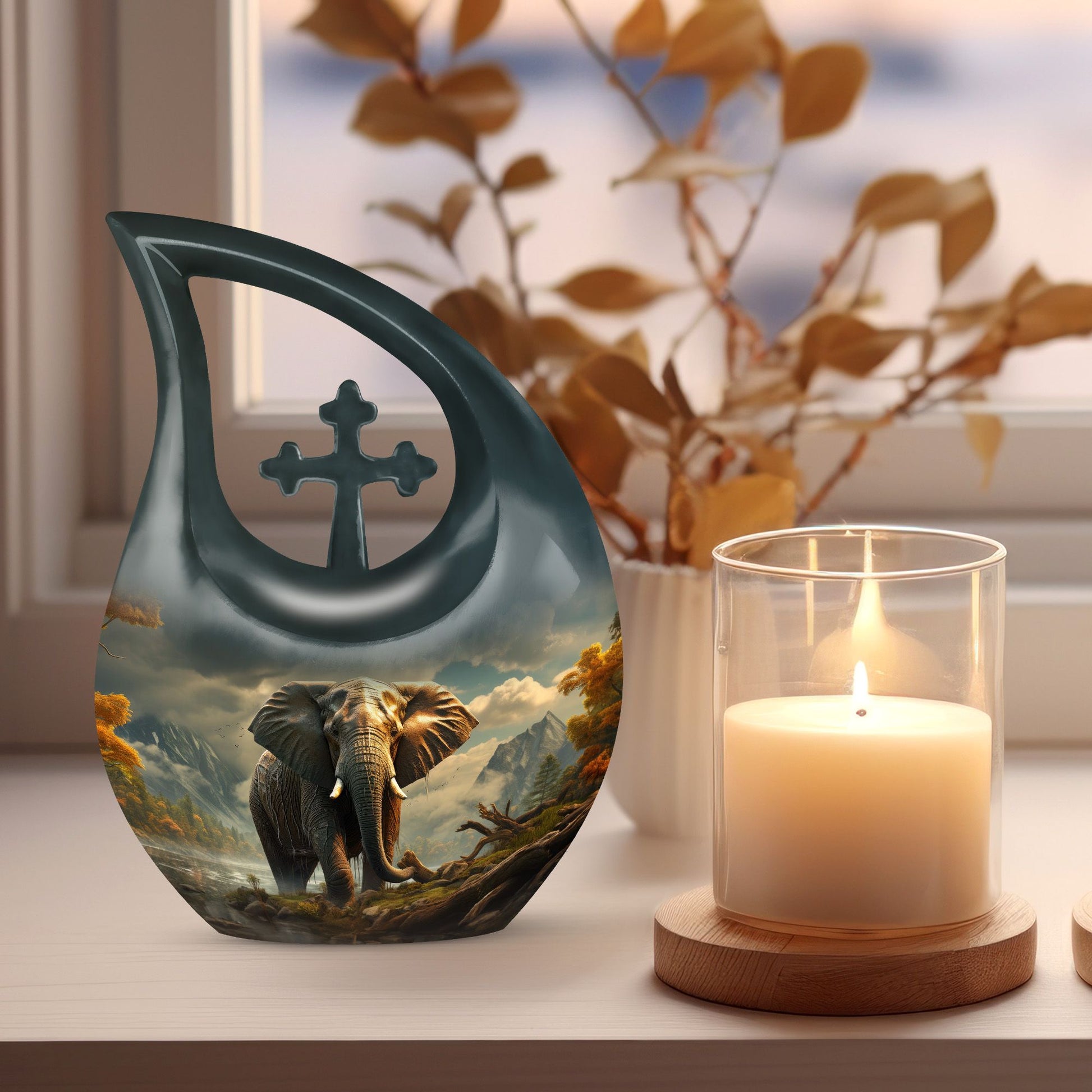 10-inch Elephant-themed Memorial Urn with Cross Drop 