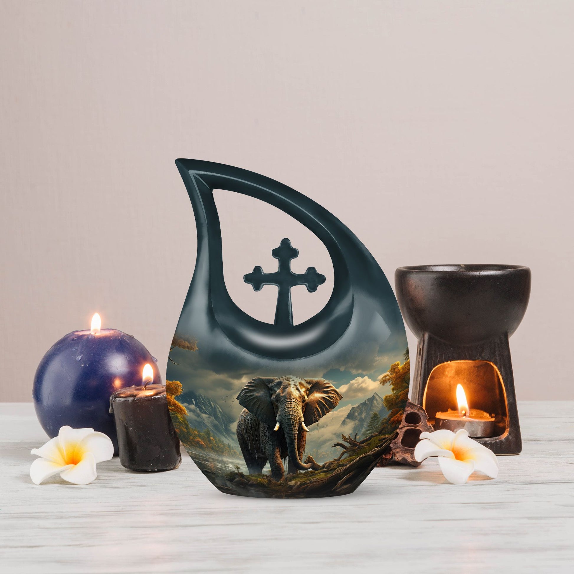 10-inch Elephant-themed Memorial Urn with Cross Drop 