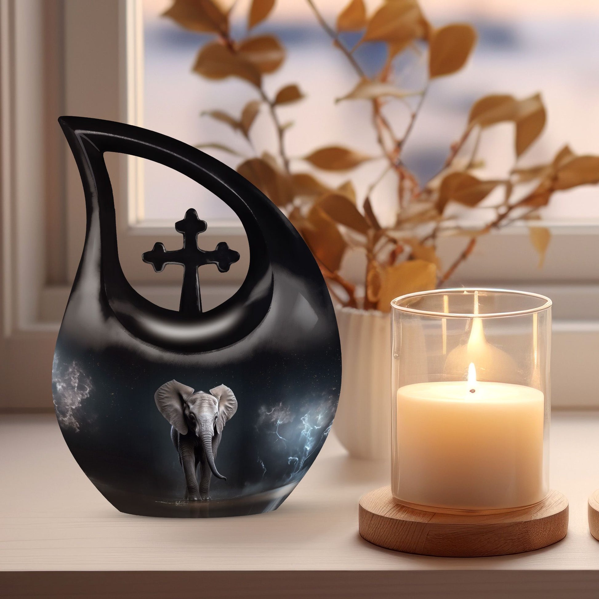 10 inch Elephant Urn with Cross Drop design for ashes,