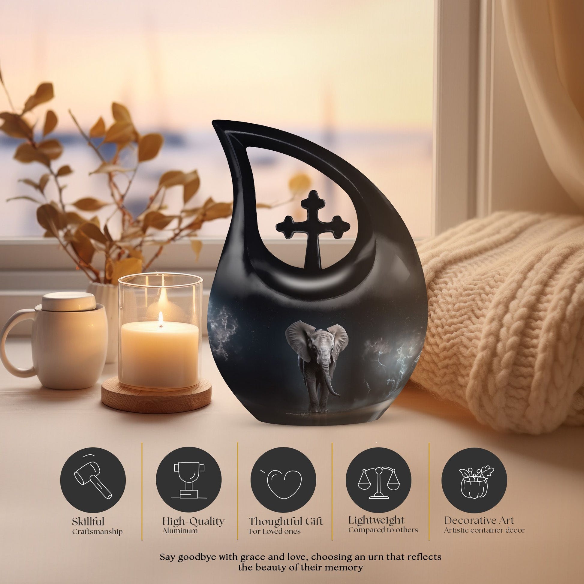 10 inch Elephant Urn with Cross Drop design for ashes,