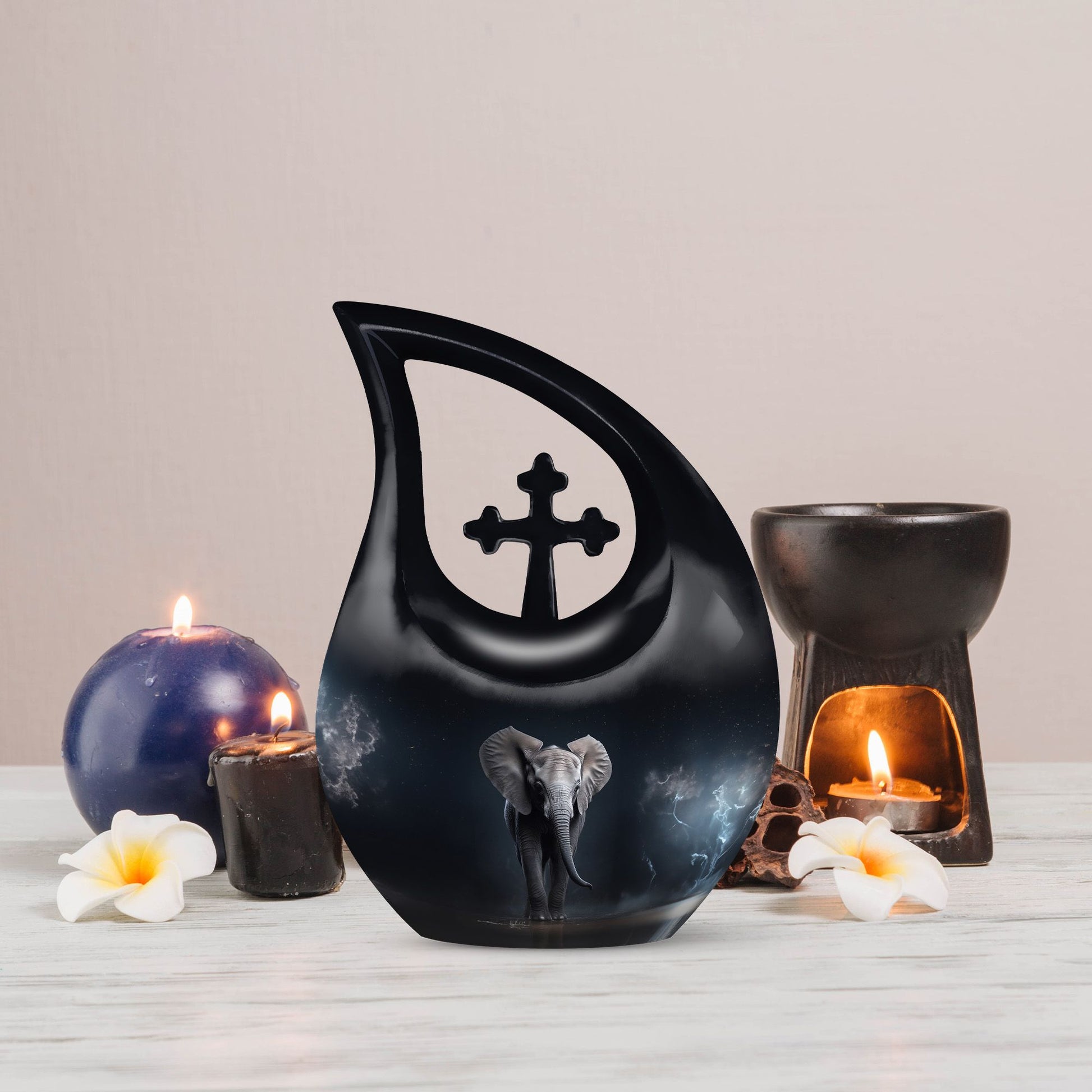 10 inch Elephant Urn with Cross Drop design for ashes,