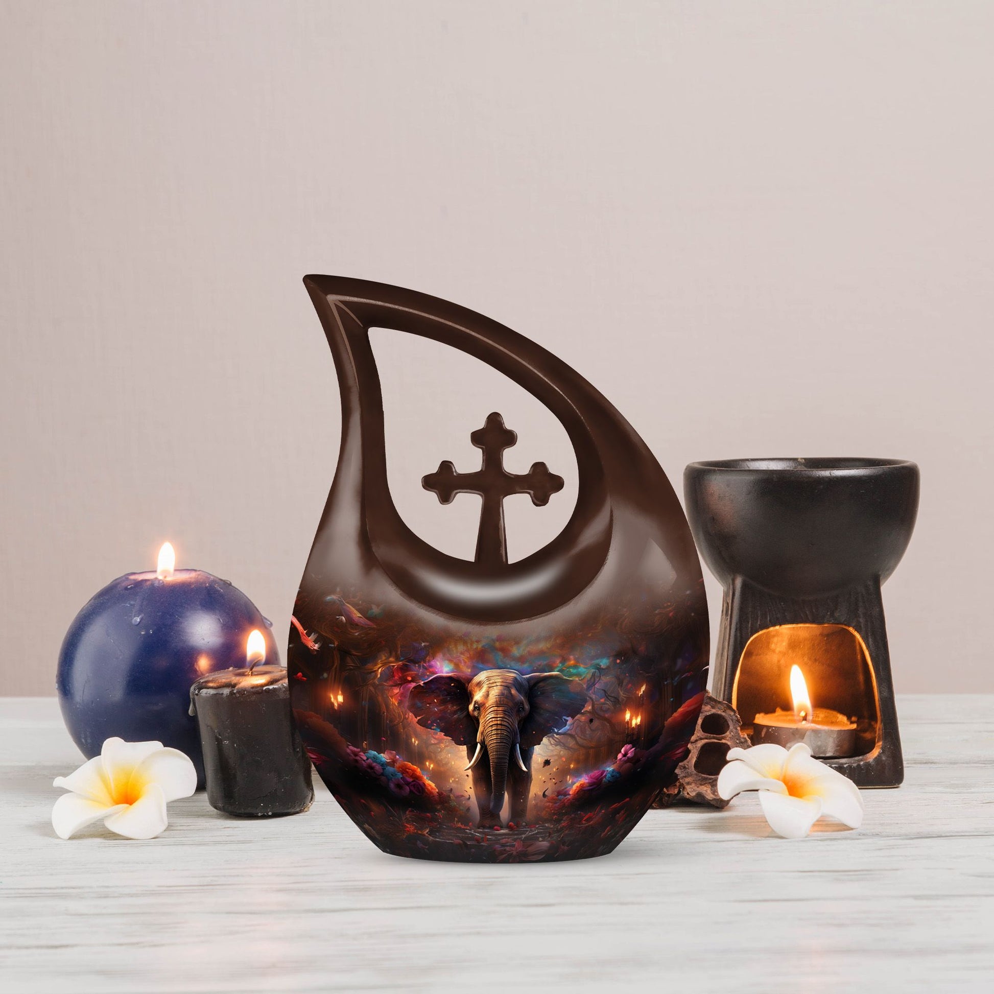 Elephant themed, Cross Drop design large cremation urn, 