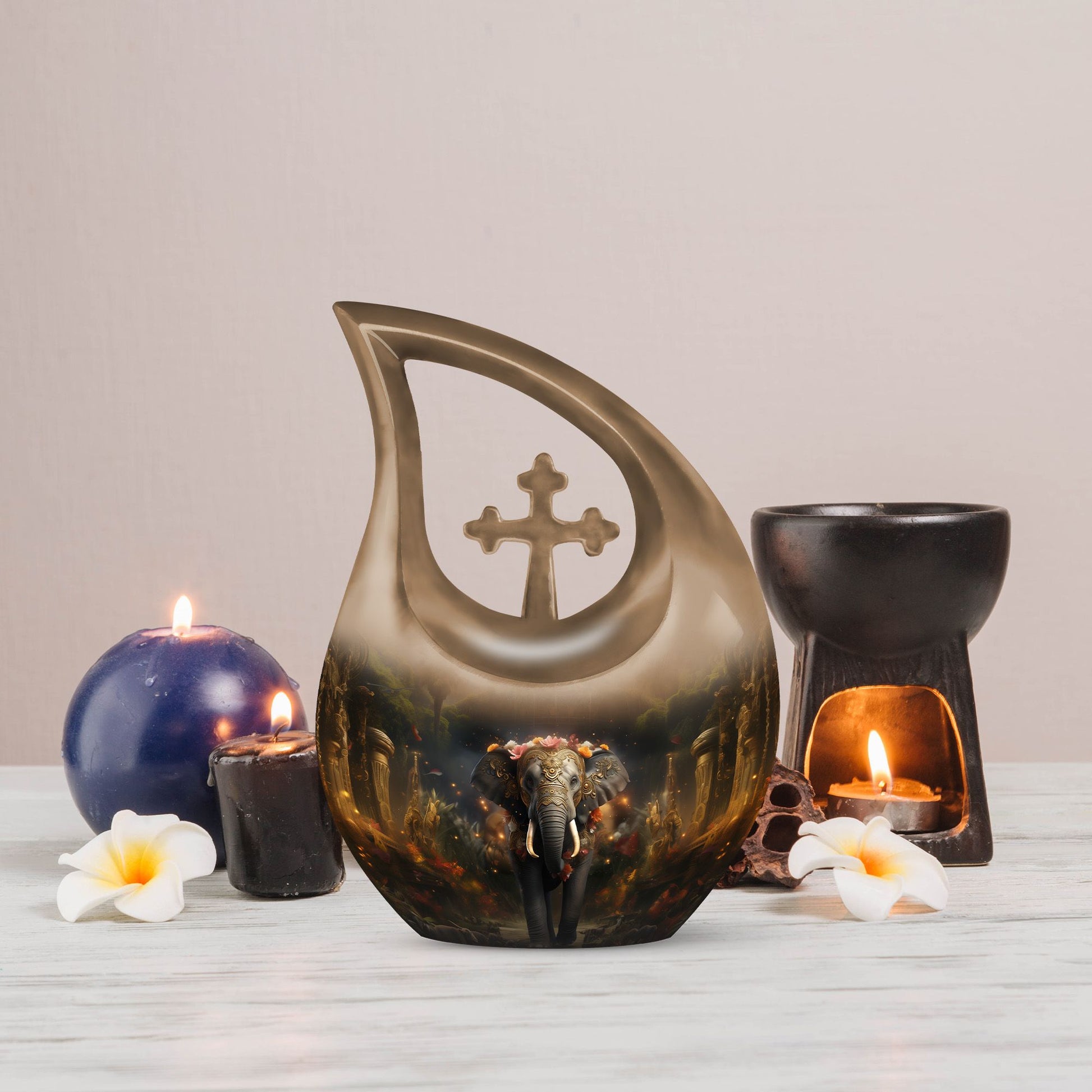 10-inch elephant urn with cross drop design, 