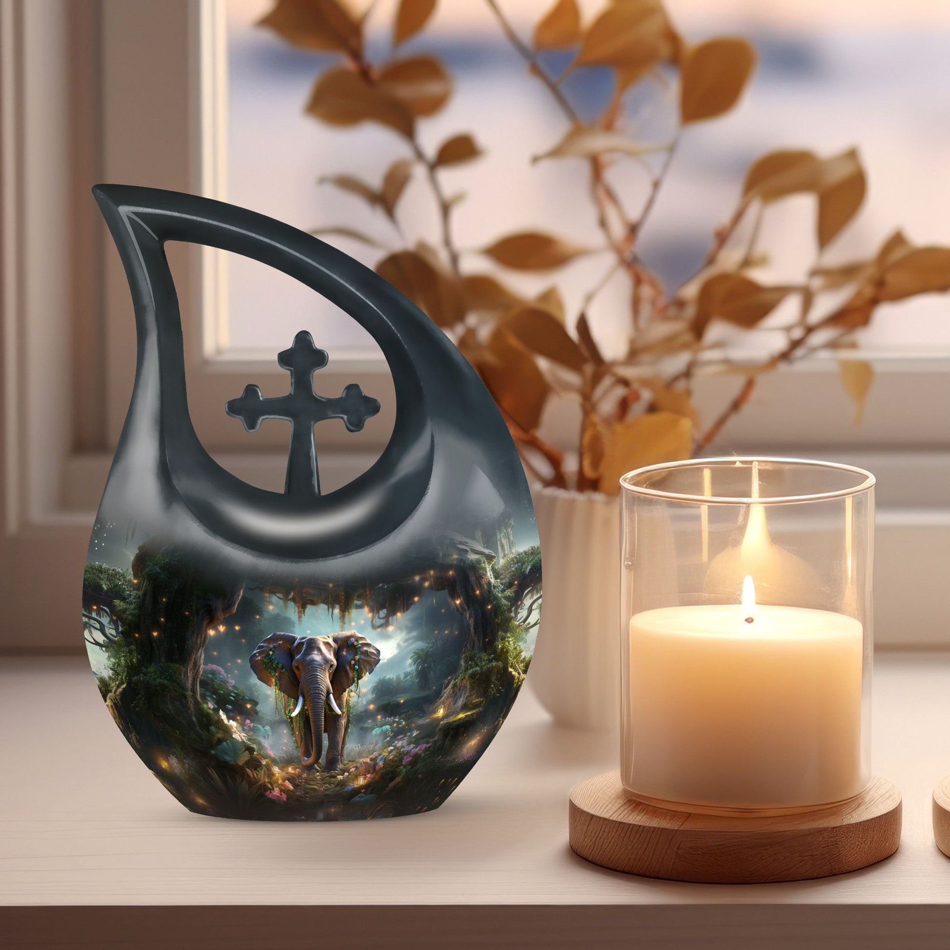 10-inch Elephant Urn with Cross Drop design 