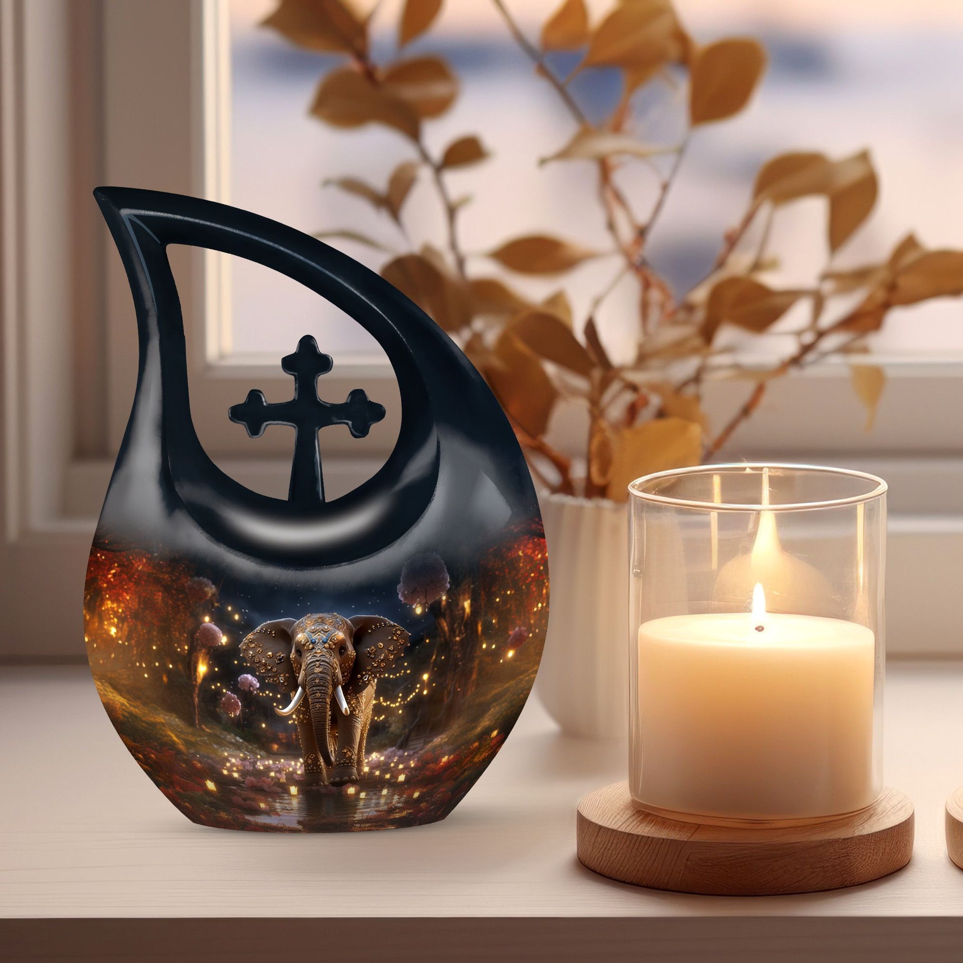 10 inch Elephant Urn with Cross Drop design for ashes, customizable for memorial