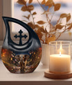 10 inch Elephant Urn with Cross Drop design for ashes, customizable for memorial