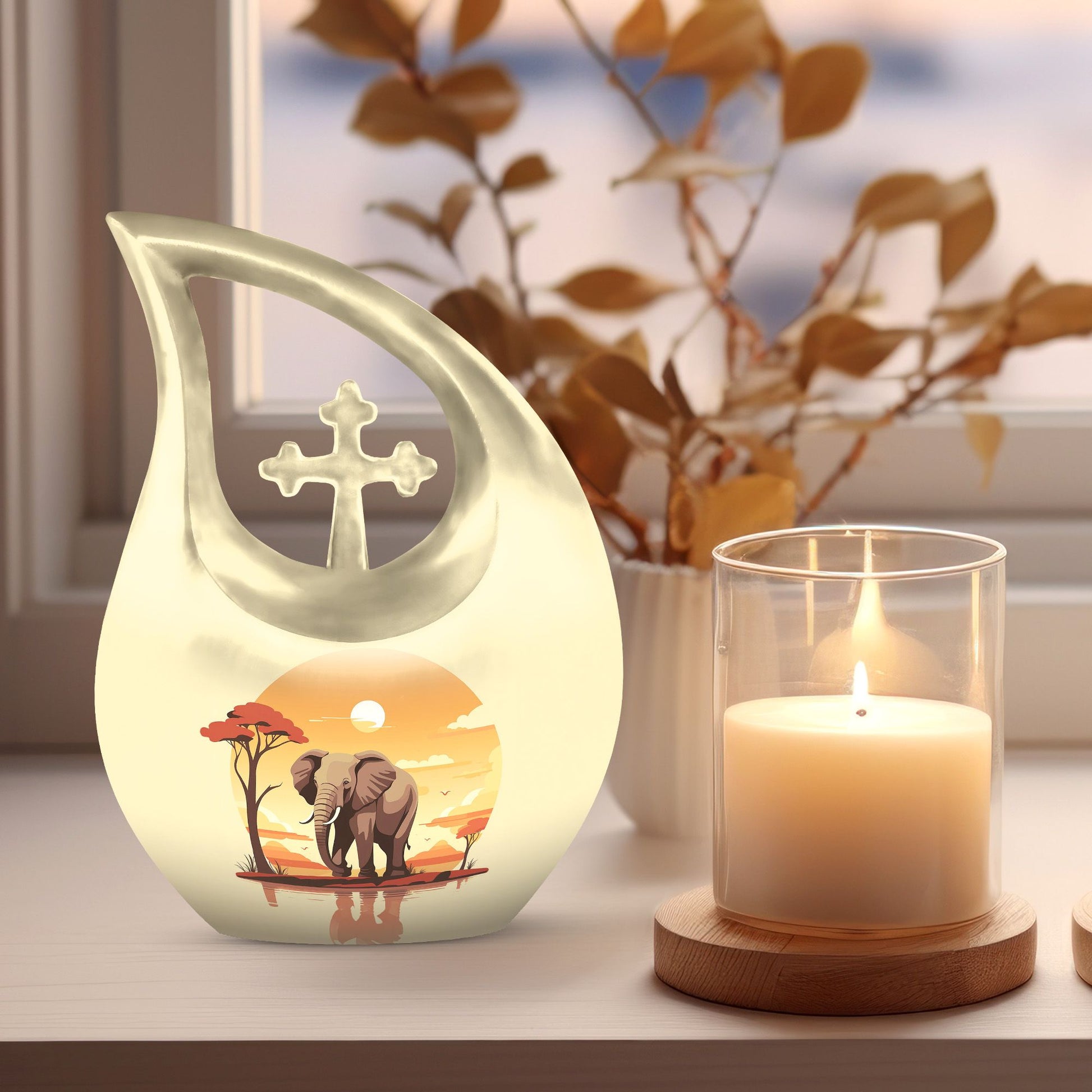 10-inch Elephant Urn with Cross Drop design,