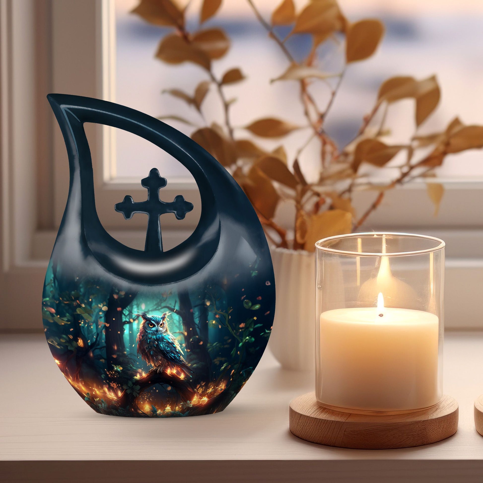  Owl urn with Cross Drop design, suitable for human ashes