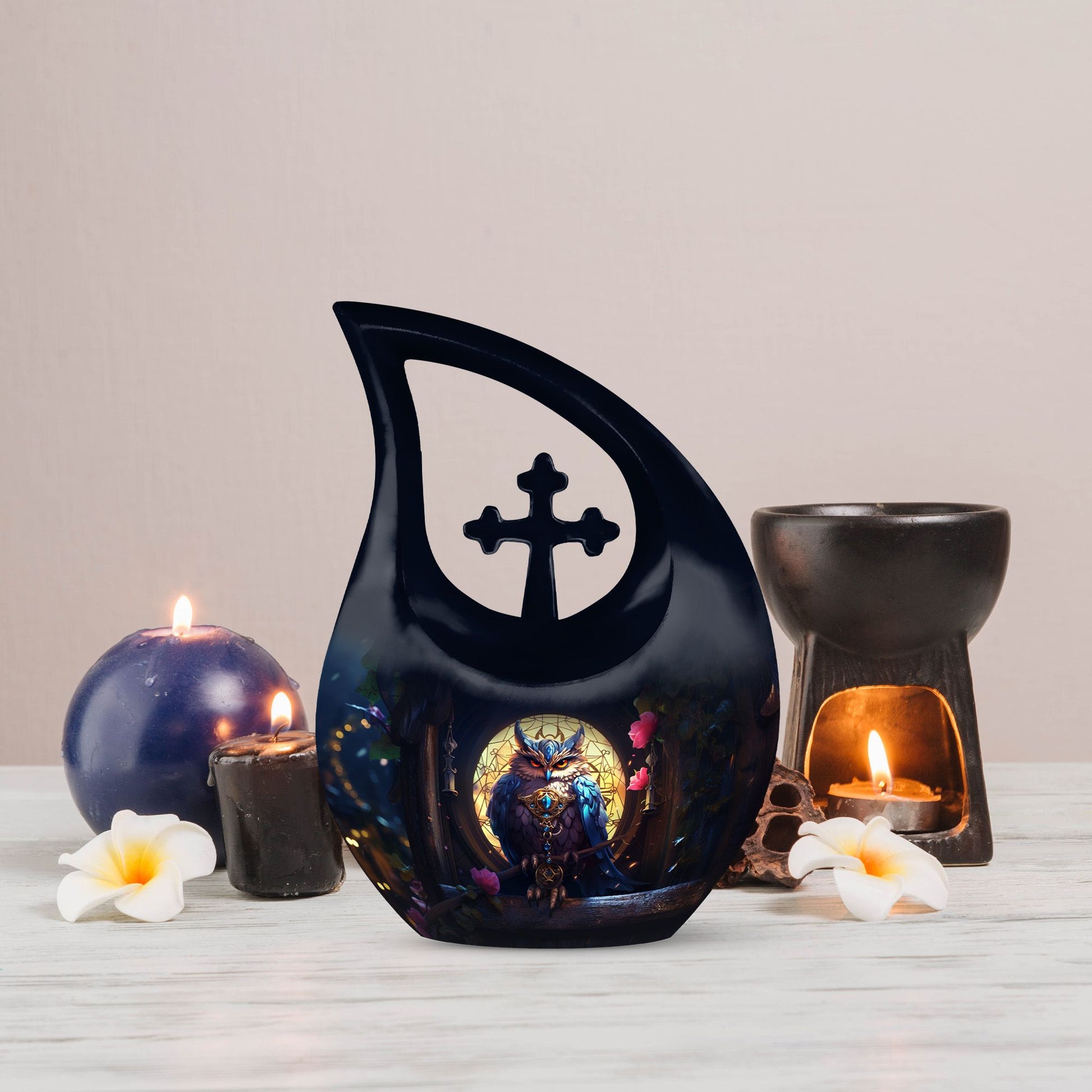 10 inch Owl Urn with Cross Drop Design, 