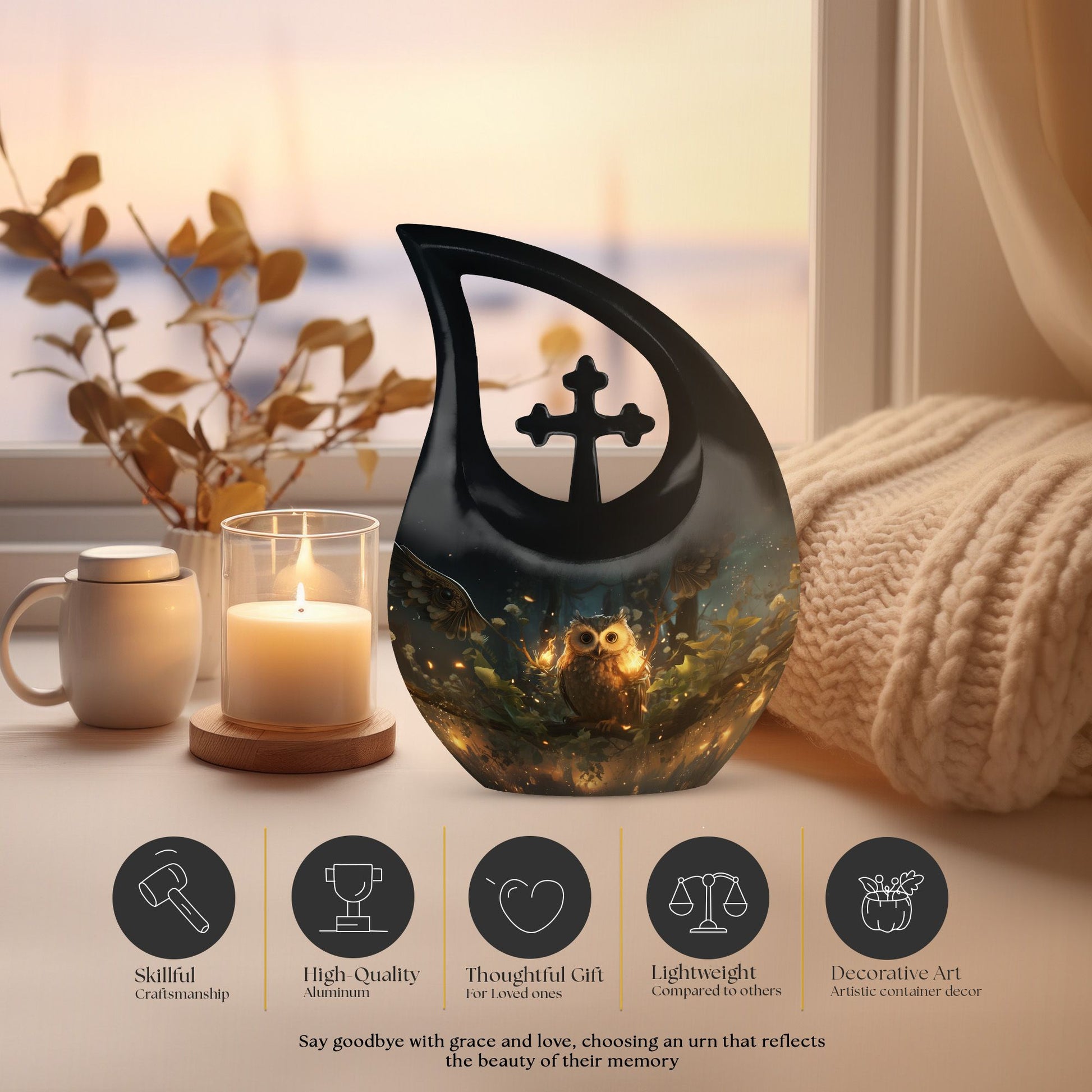 Affordable 10-inch Owl Urn featuring a Cross Drop design 