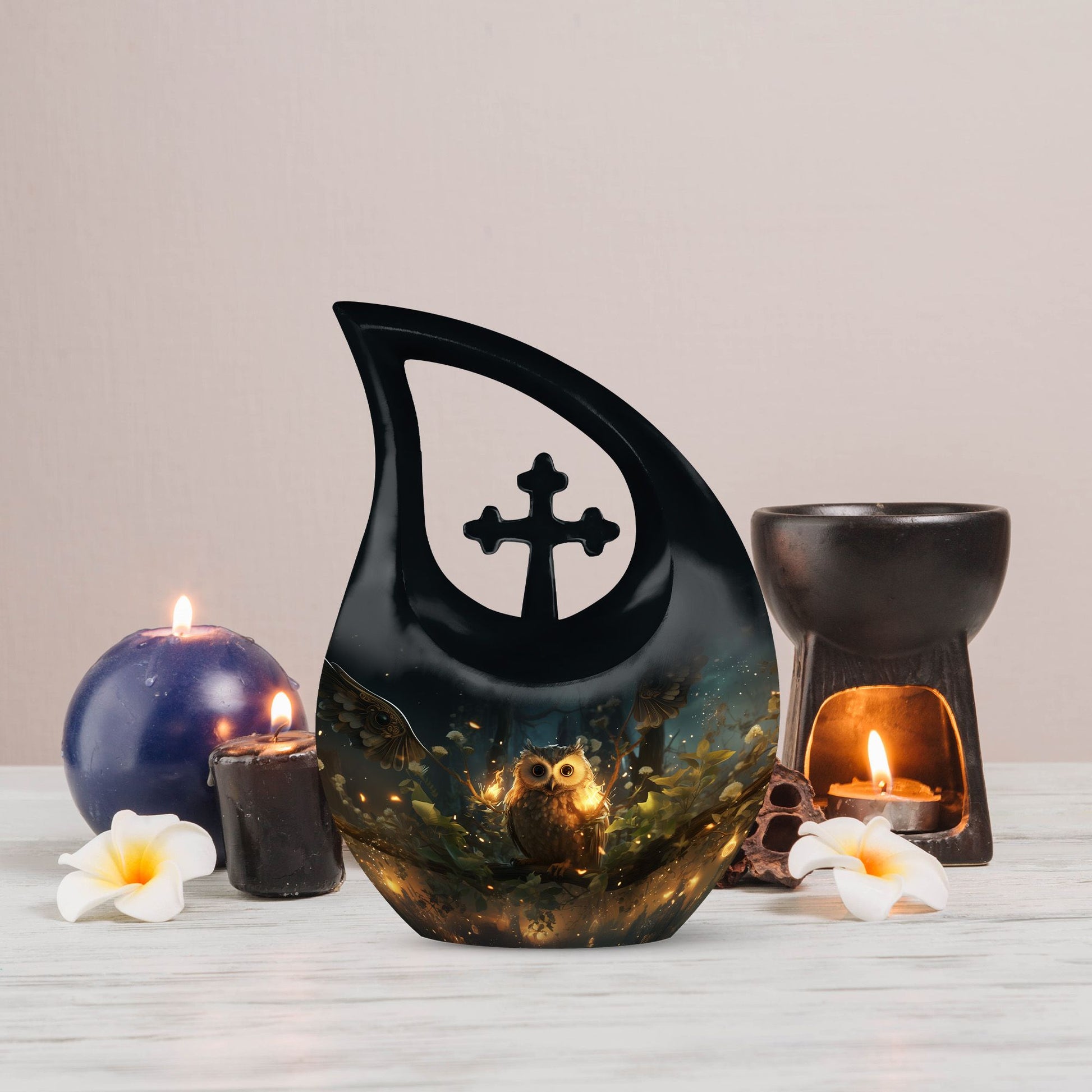 Affordable 10-inch Owl Urn featuring a Cross Drop design 