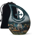 10 inch Owl themed aluminium urn with Cross Drop design, 