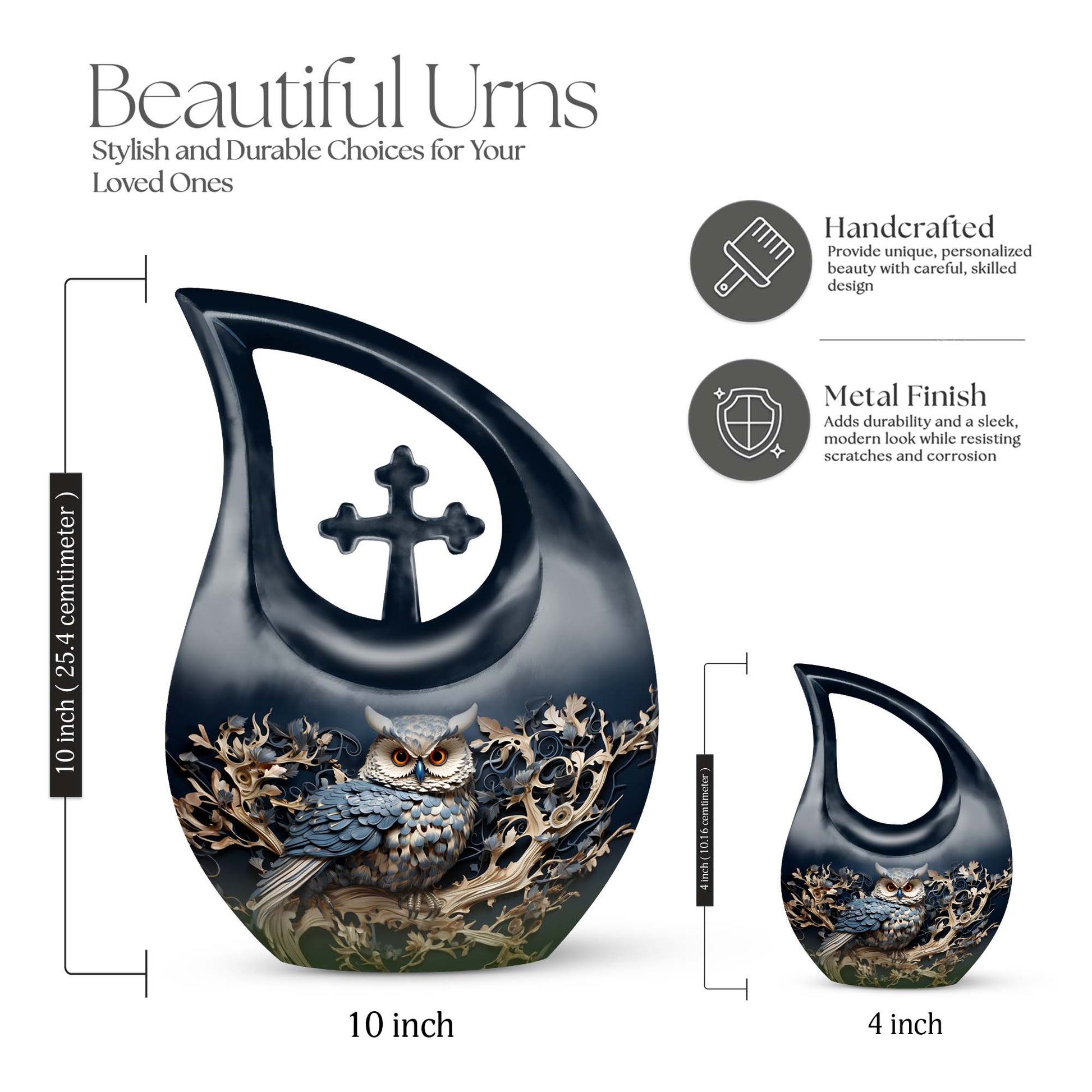 Owl-themed aluminium Cross Drop design urn, customizable 