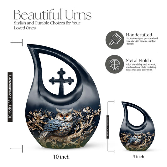 Owl-themed aluminium Cross Drop design urn, customizable 