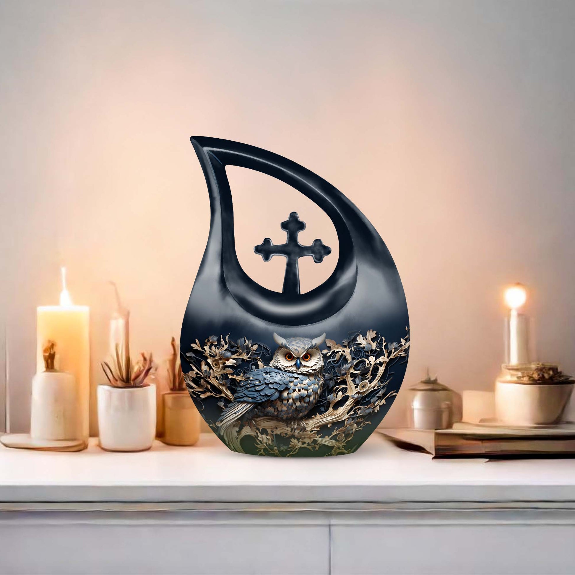 Owl-themed aluminium Cross Drop design urn, customizable 