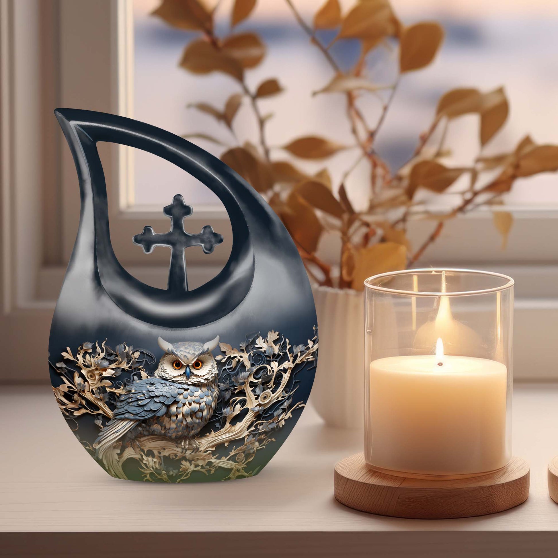 Owl-themed aluminium Cross Drop design urn, customizable 