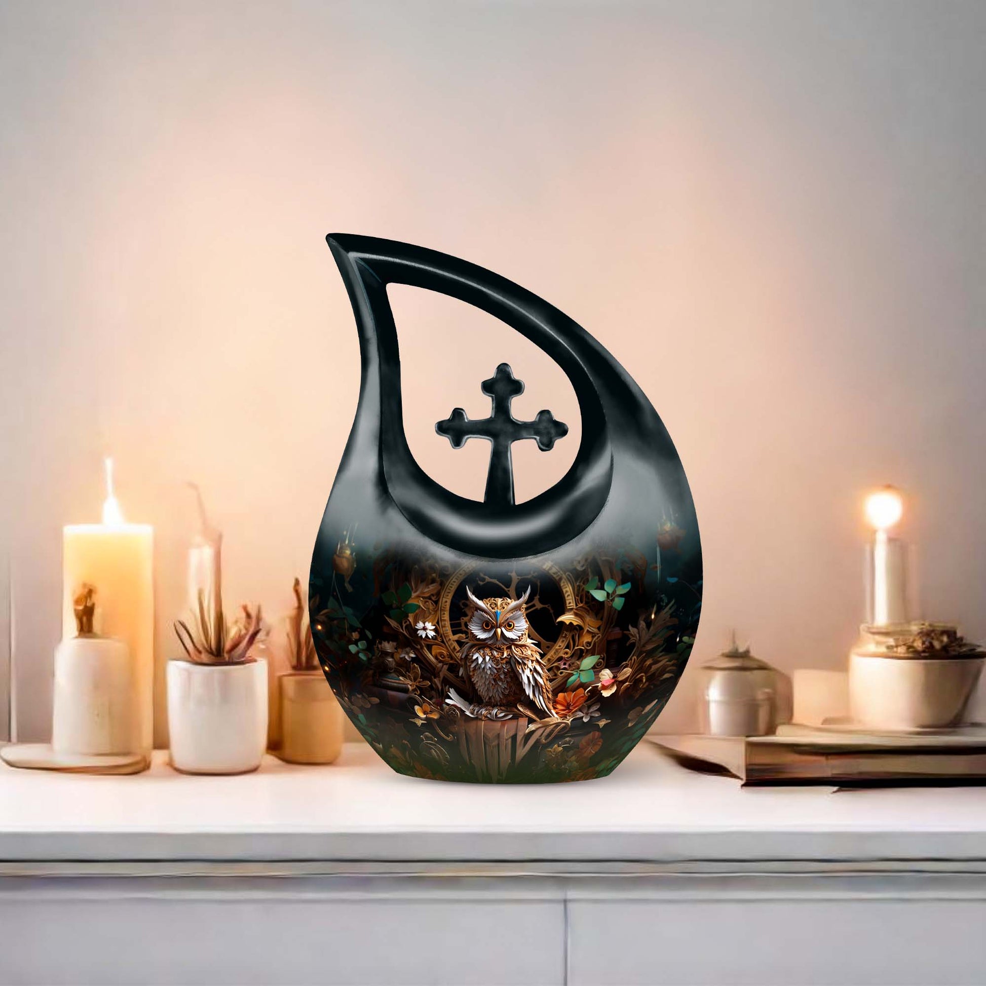 10-inch Owl Themed Aluminium Urn with Cross Drop design, 