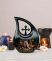 10-inch Owl Themed Aluminium Urn with Cross Drop design, 