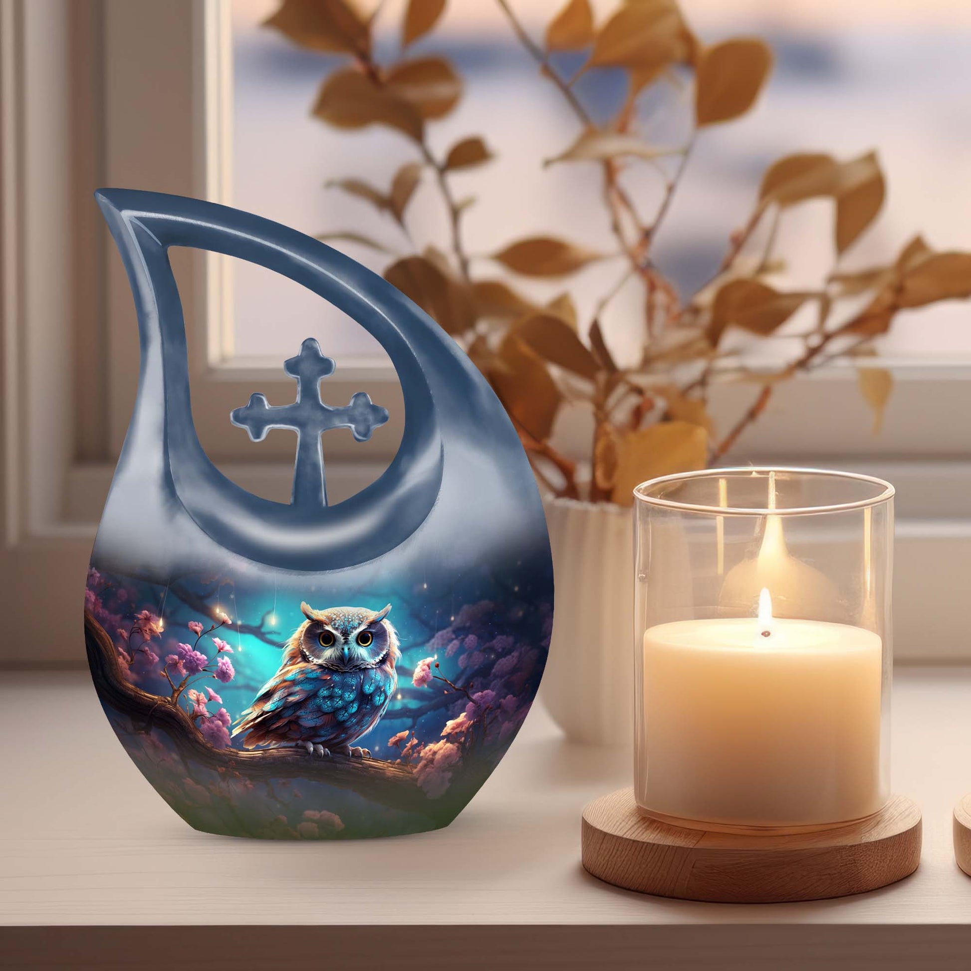 10-inch Owl-themed Memorial Urn with Cross Drop design