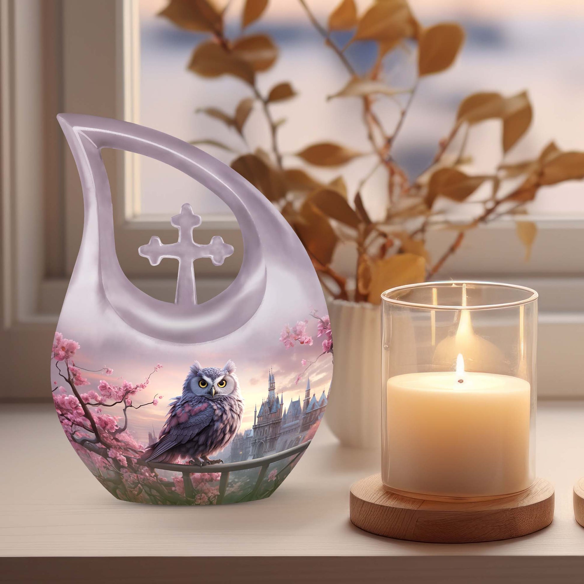 10-inch Owl Urn with Cross Drop design 