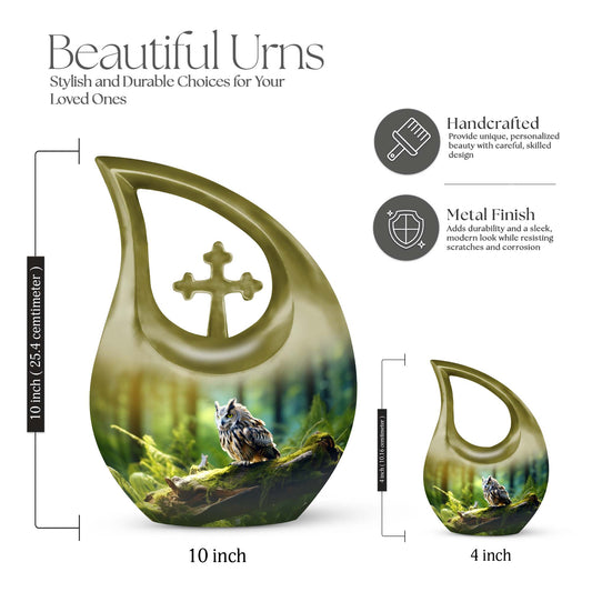 10-inch Aluminium Owl Urn with Cross Drop design, holds 