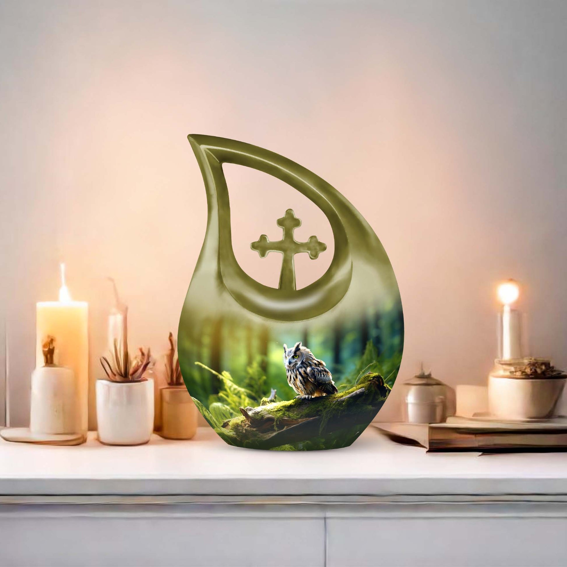 10-inch Aluminium Owl Urn with Cross Drop design, holds 