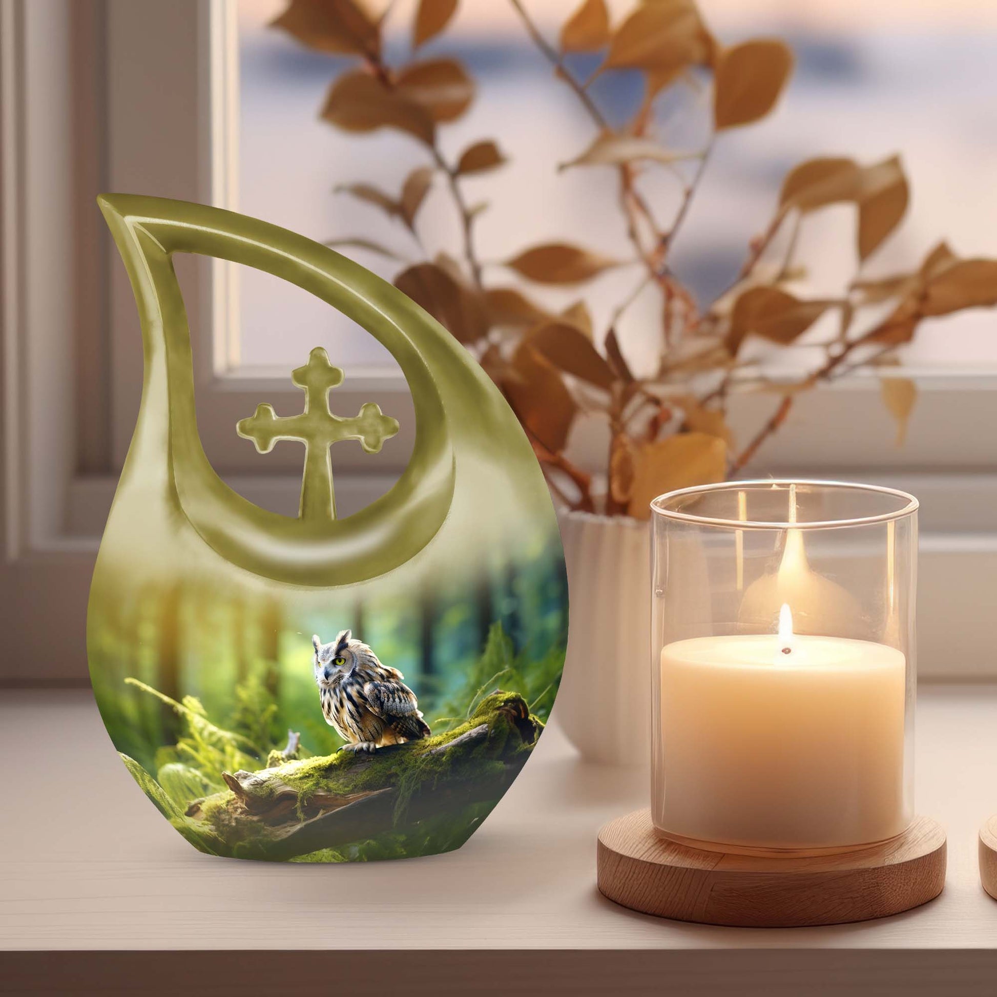 10-inch Aluminium Owl Urn with Cross Drop design, holds 