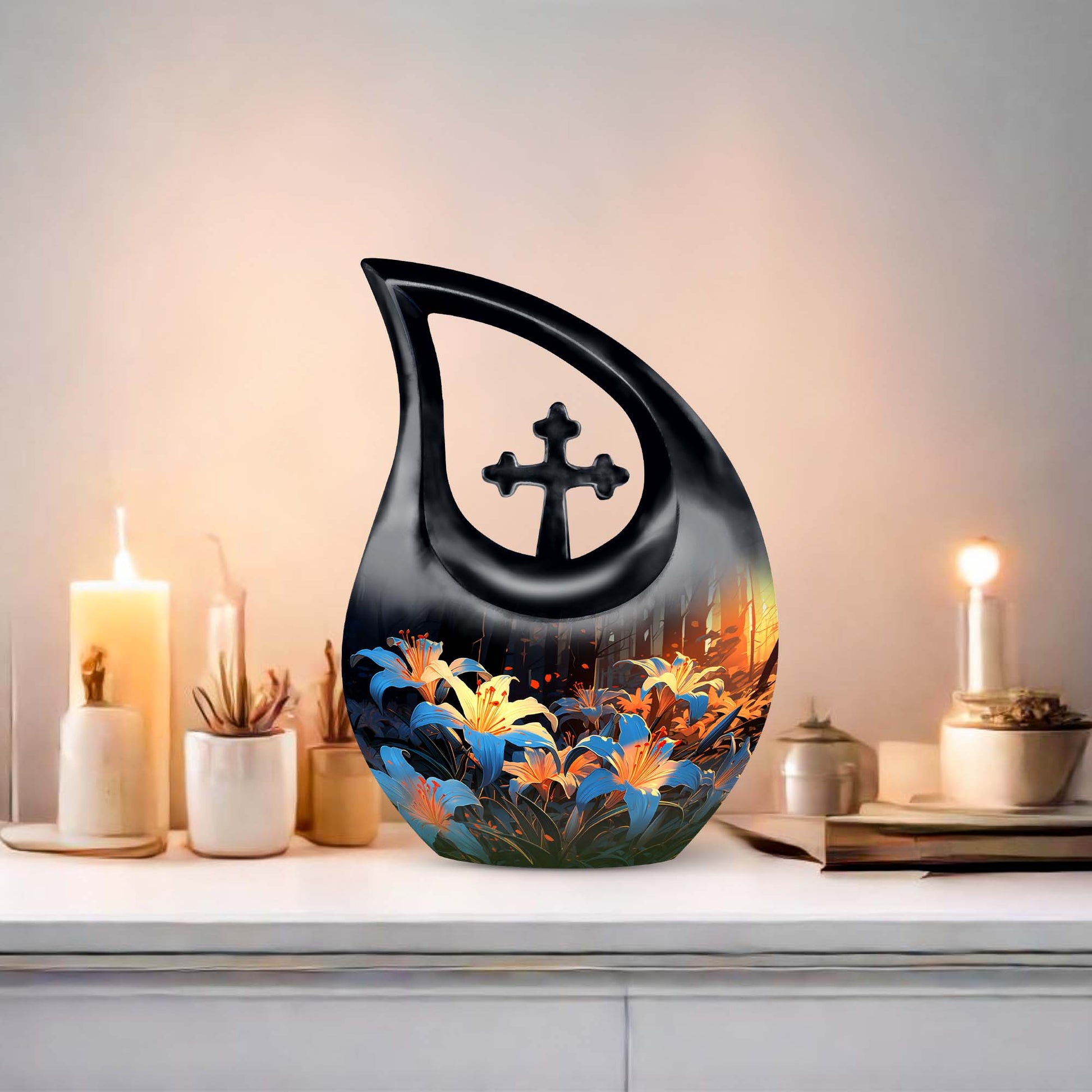 10 inch Lilly Flower Urn with Cross Drop design 