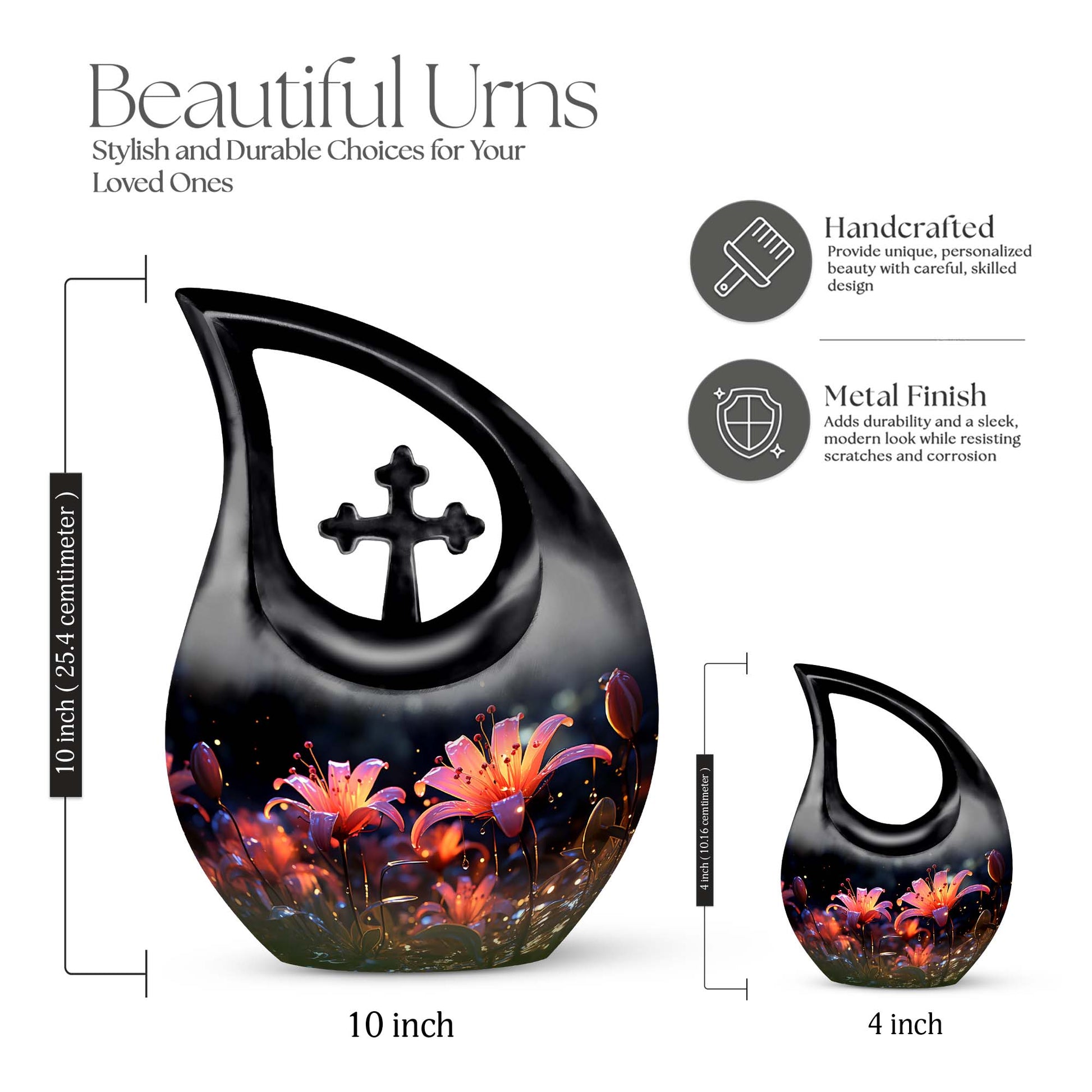 10-inch Lilly Flower Urn with Cross Drop design, suitable