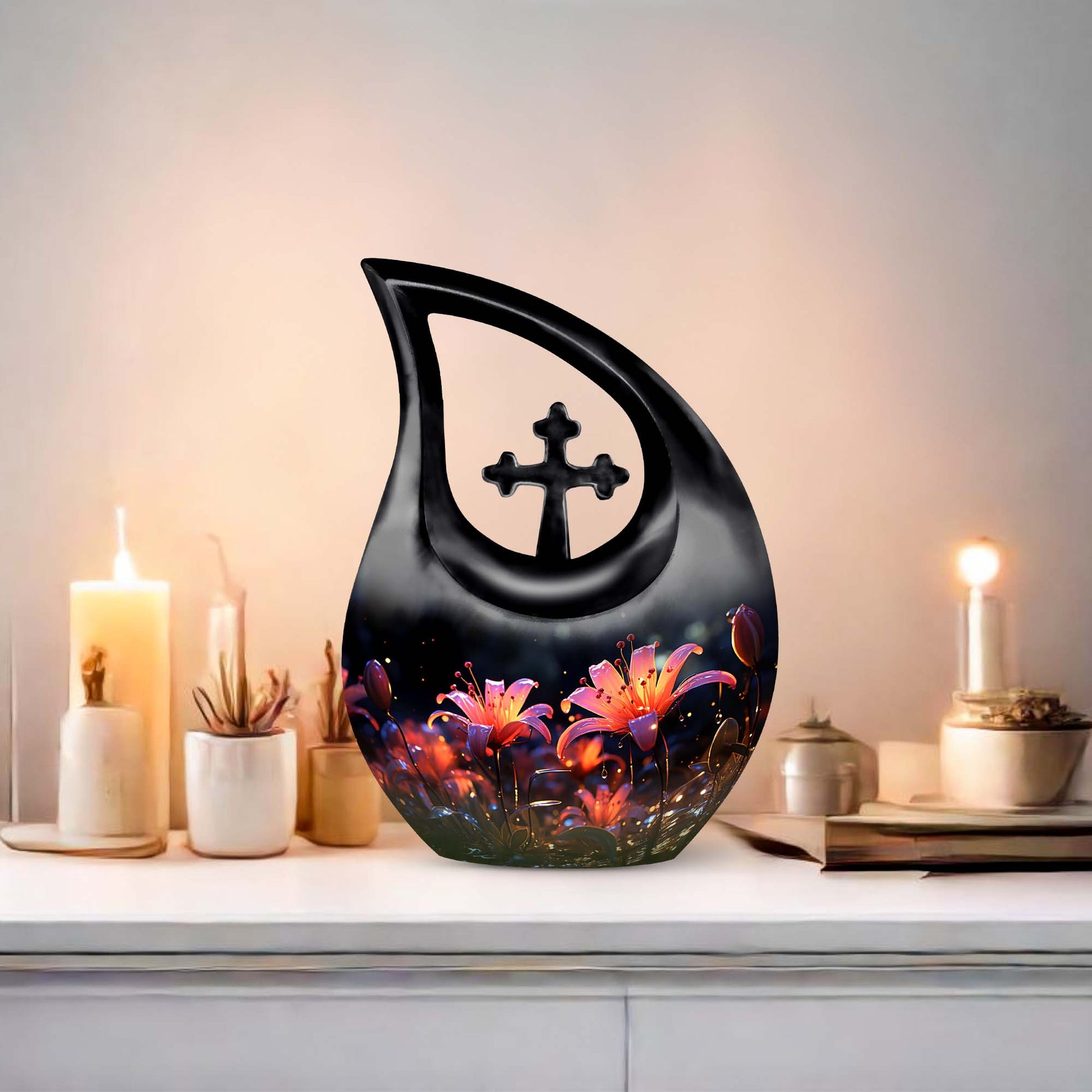 10-inch Lilly Flower Urn with Cross Drop design, suitable