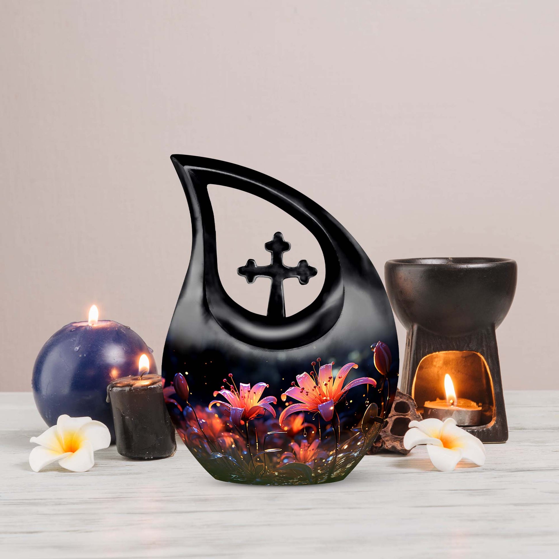 10-inch Lilly Flower Urn with Cross Drop design, suitable