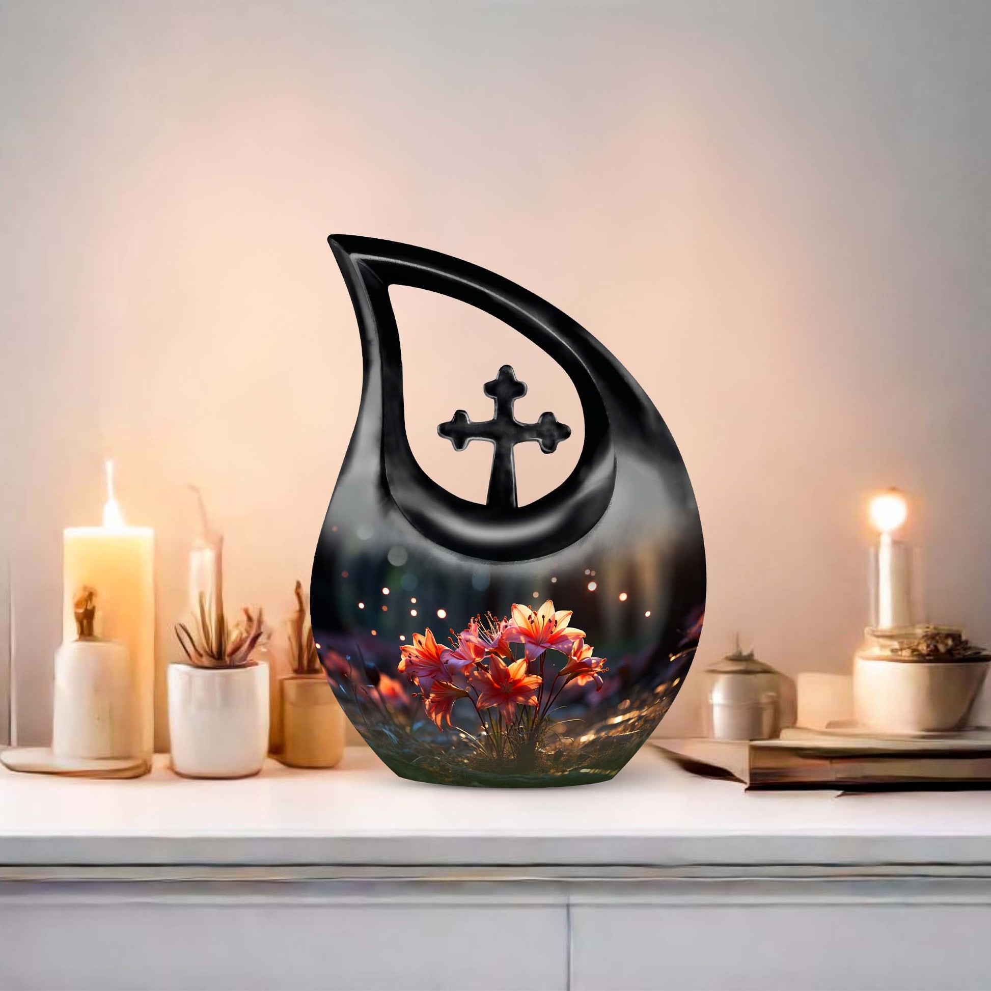 10 Inch Lilly Flower Urn with Cross Drop design, 