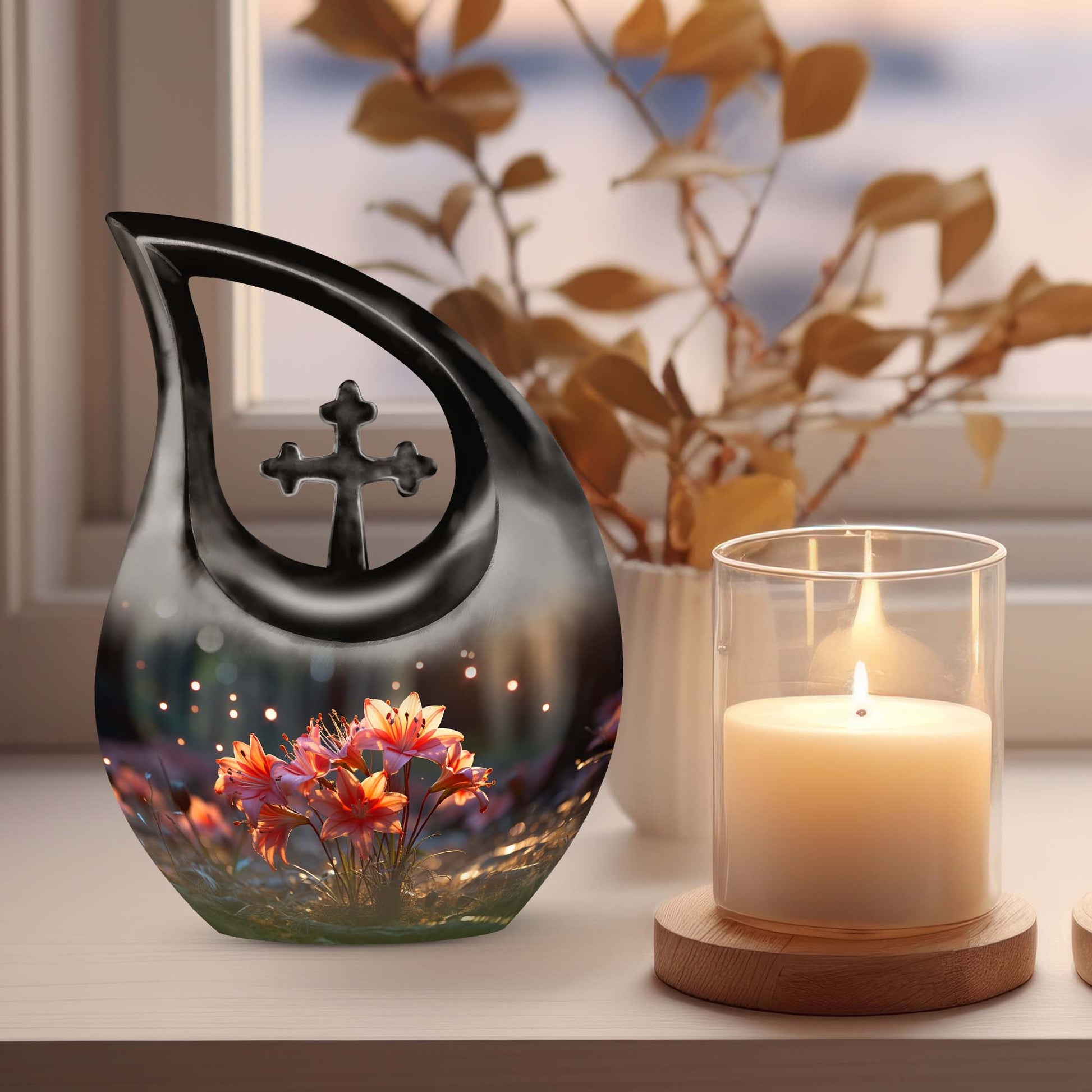 10 Inch Lilly Flower Urn with Cross Drop design, 