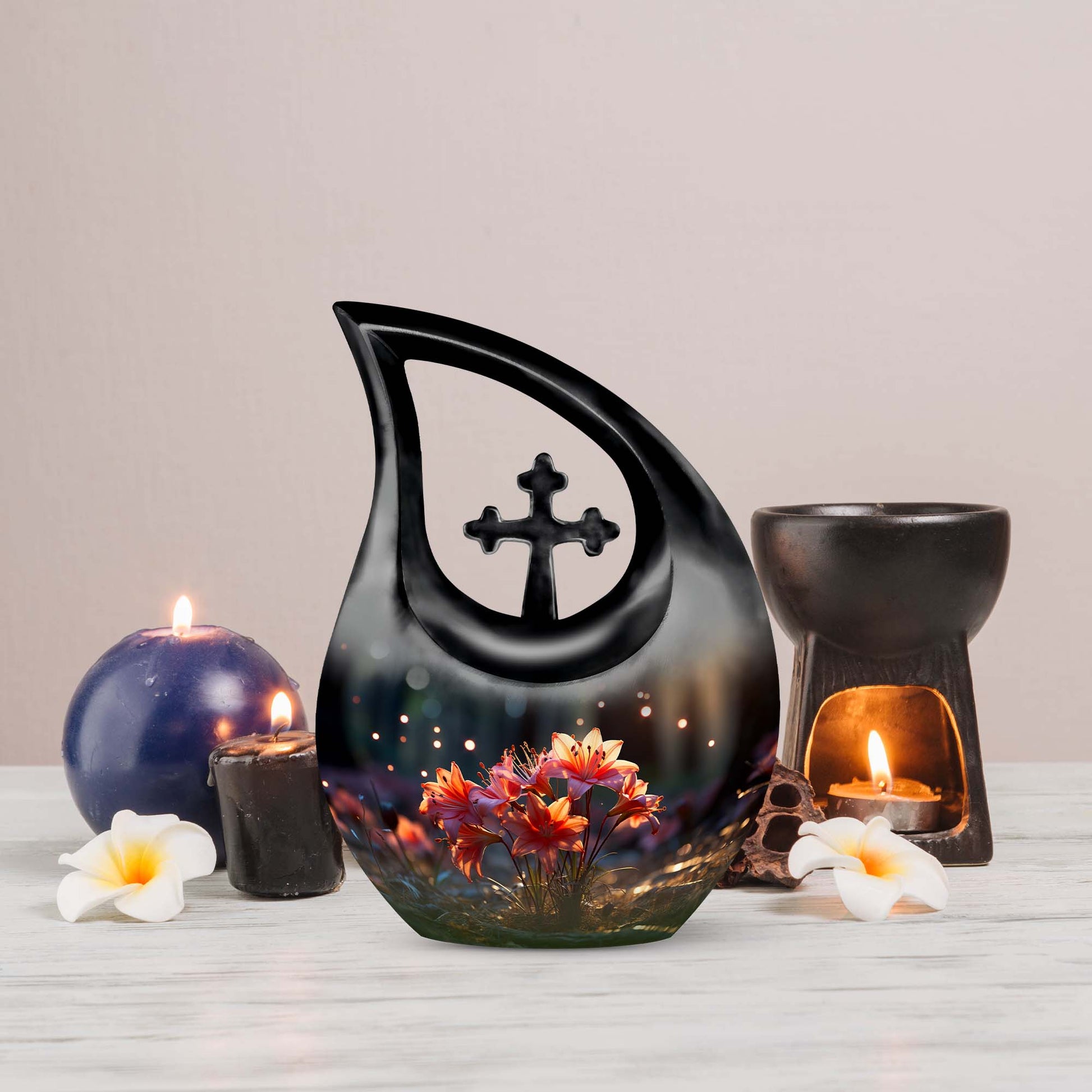 10 Inch Lilly Flower Urn with Cross Drop design, 