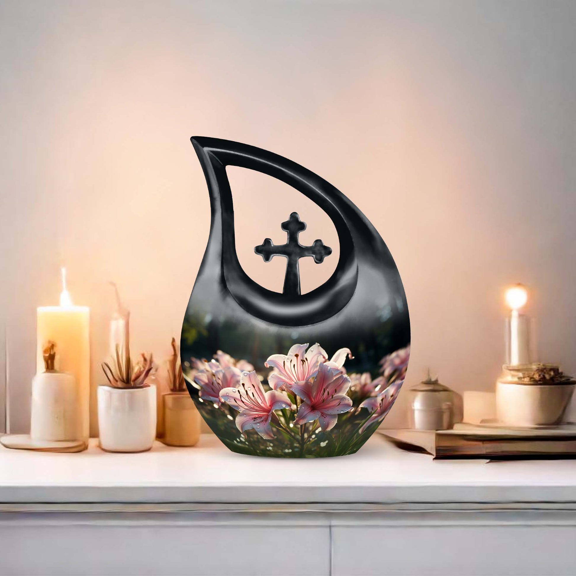 Large Lilly Flower Urn, Cross Drop design with Personalized 