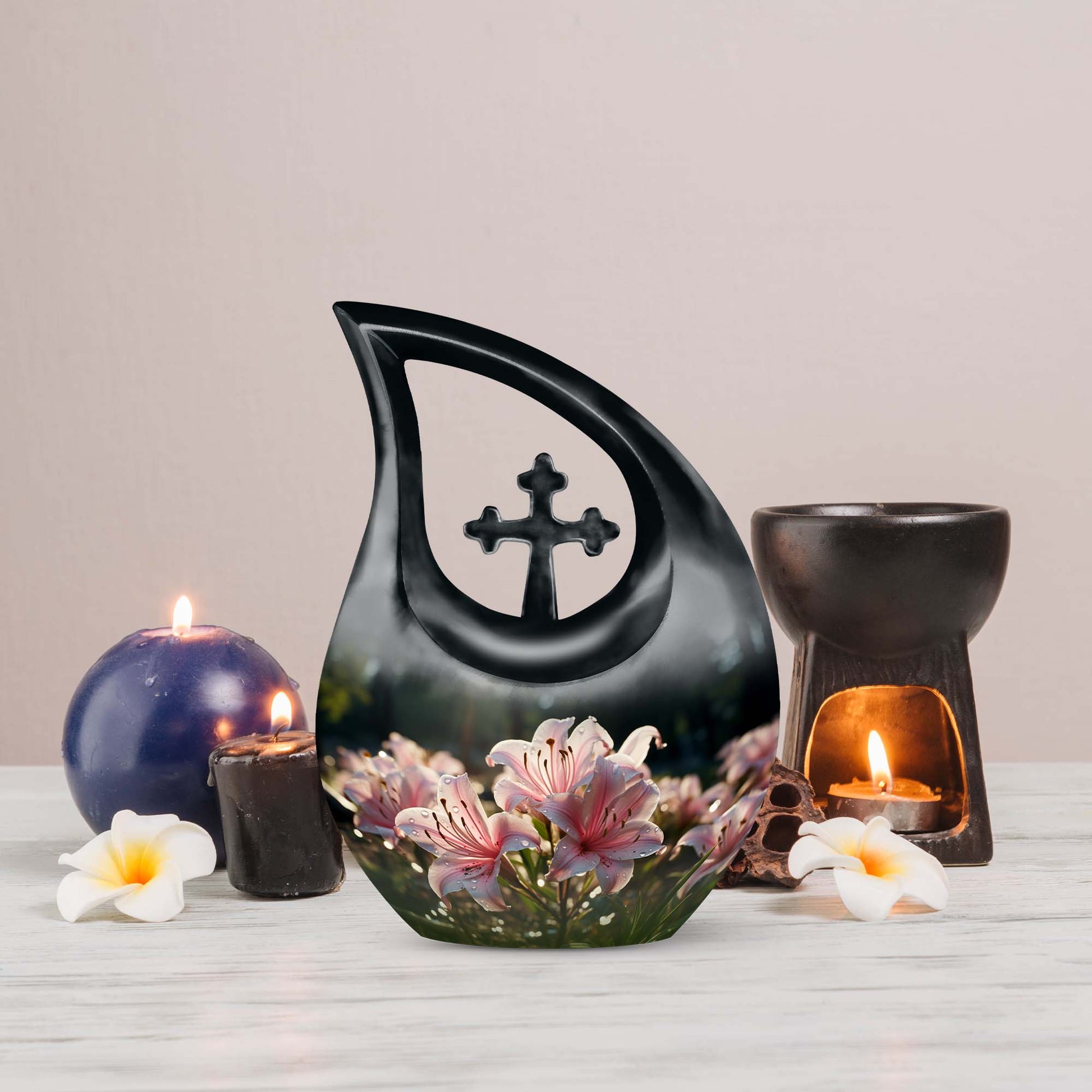 Large Lilly Flower Urn, Cross Drop design with Personalized 