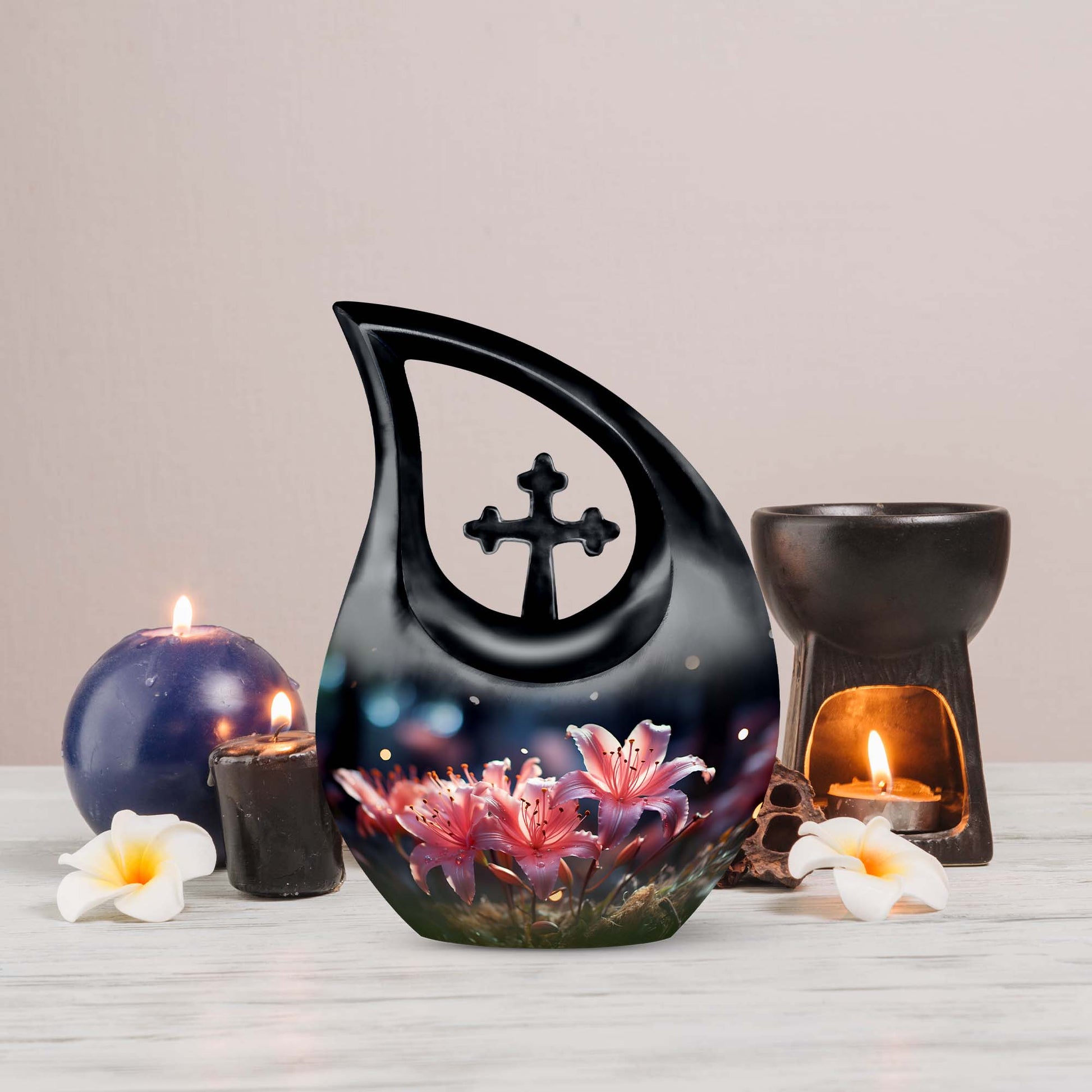 10 inch Lilly Flower Urn with Cross Drop design,