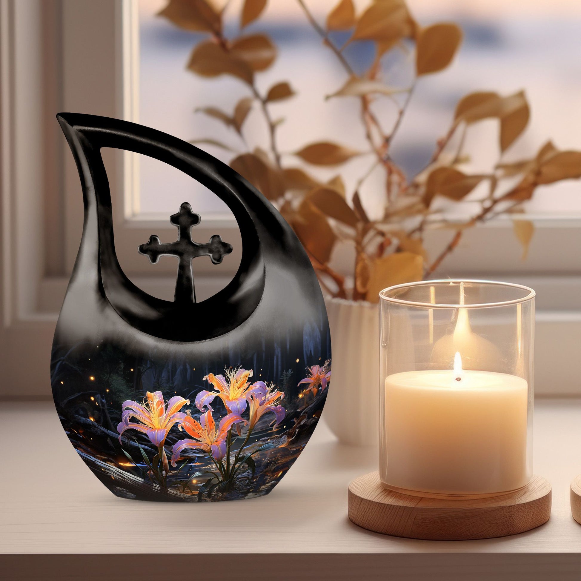 10 inch Lilly Flower Urn with Cross Drop design, 