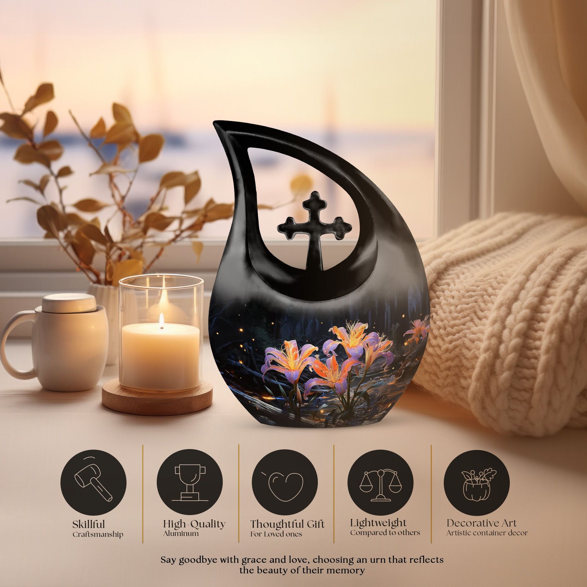 10 inch Lilly Flower Urn with Cross Drop design, 