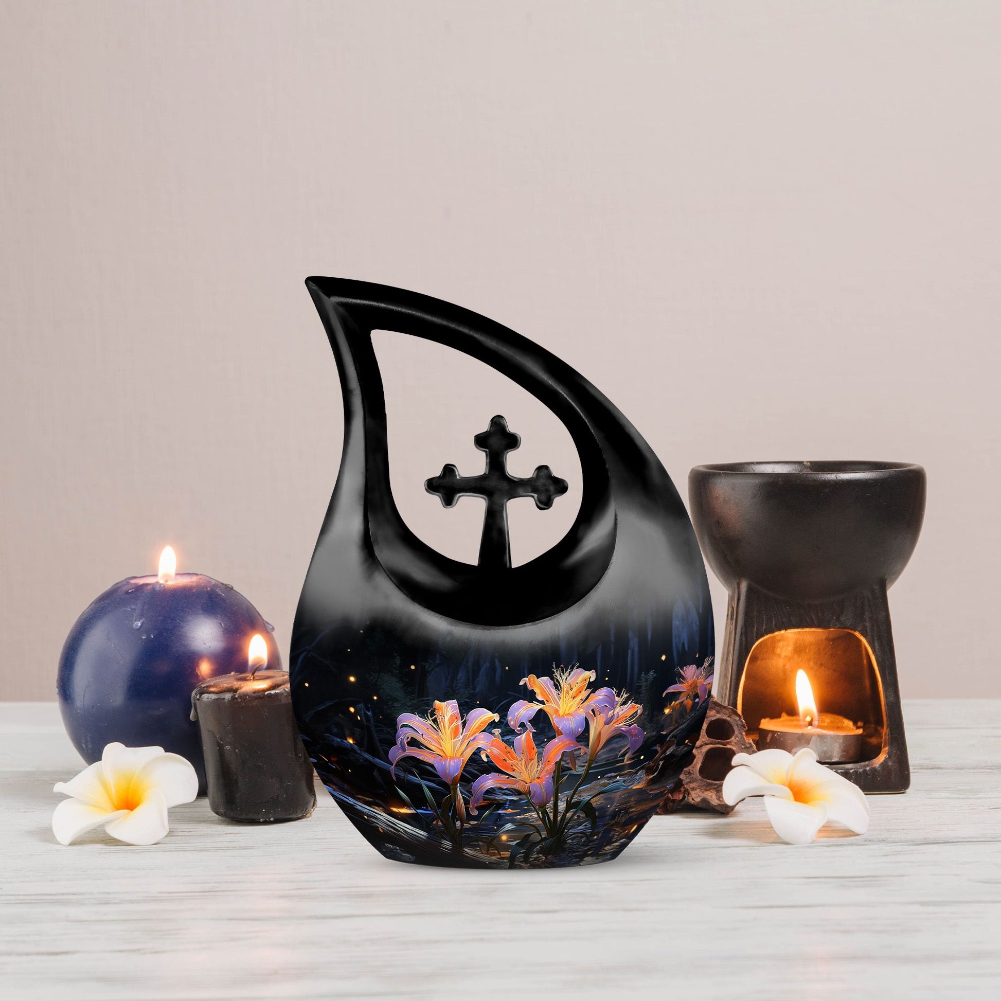 10 inch Lilly Flower Urn with Cross Drop design, 